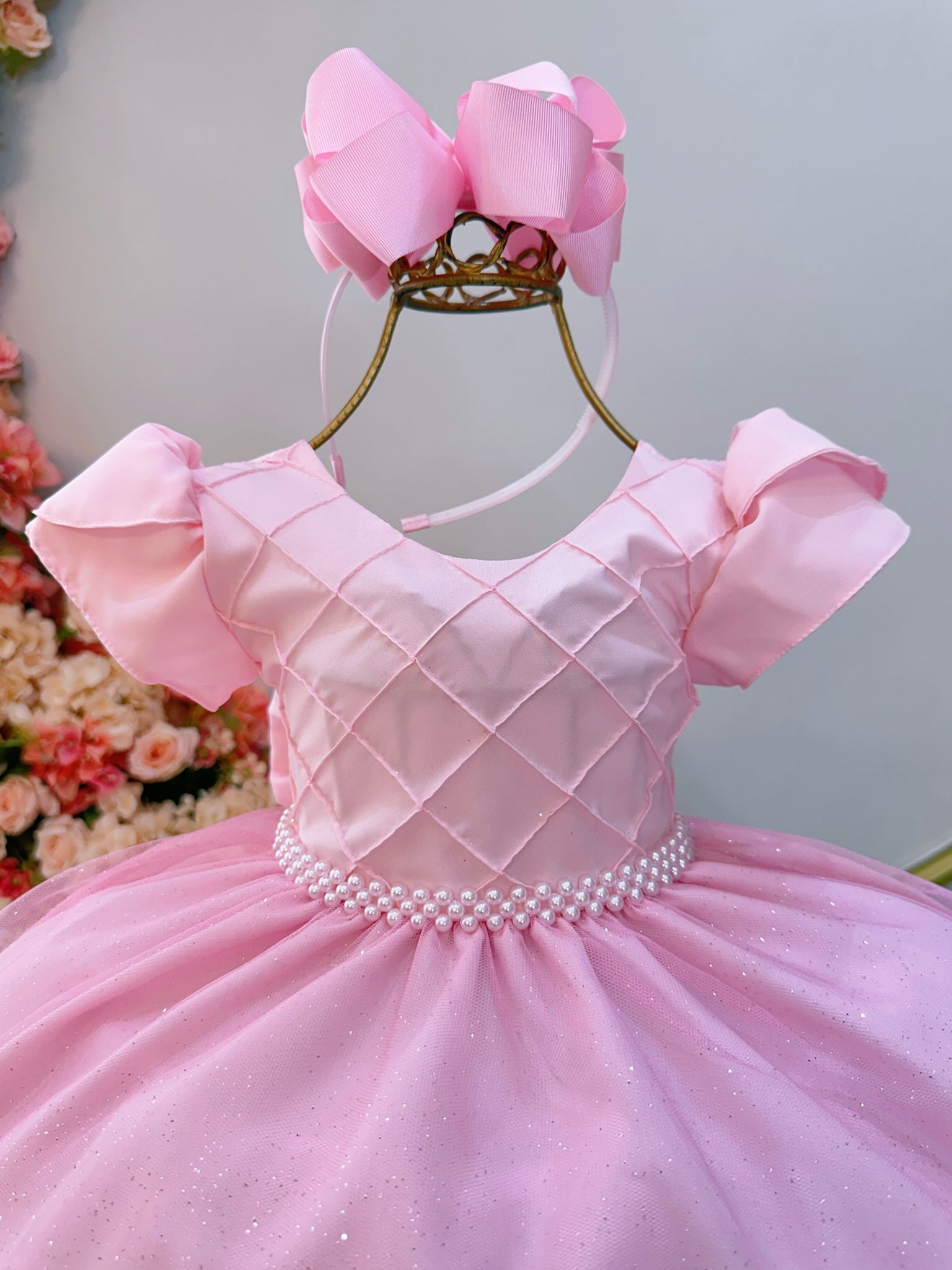 Vestido Infantil Rosa Claro C/ Busto Nervura Festas Daminhas