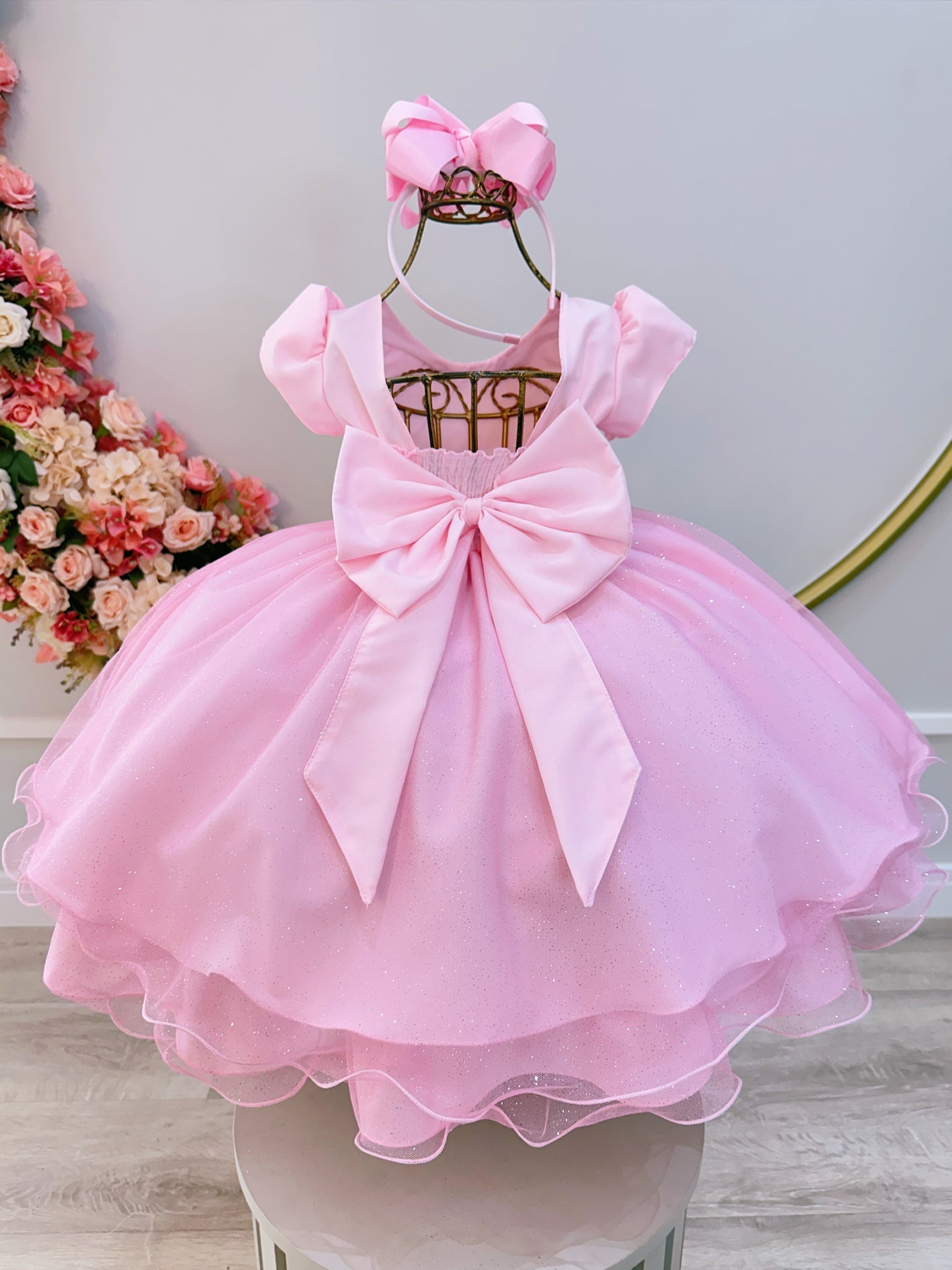 Vestido Infantil Rosa Claro C/ Busto Nervura Festas Daminhas