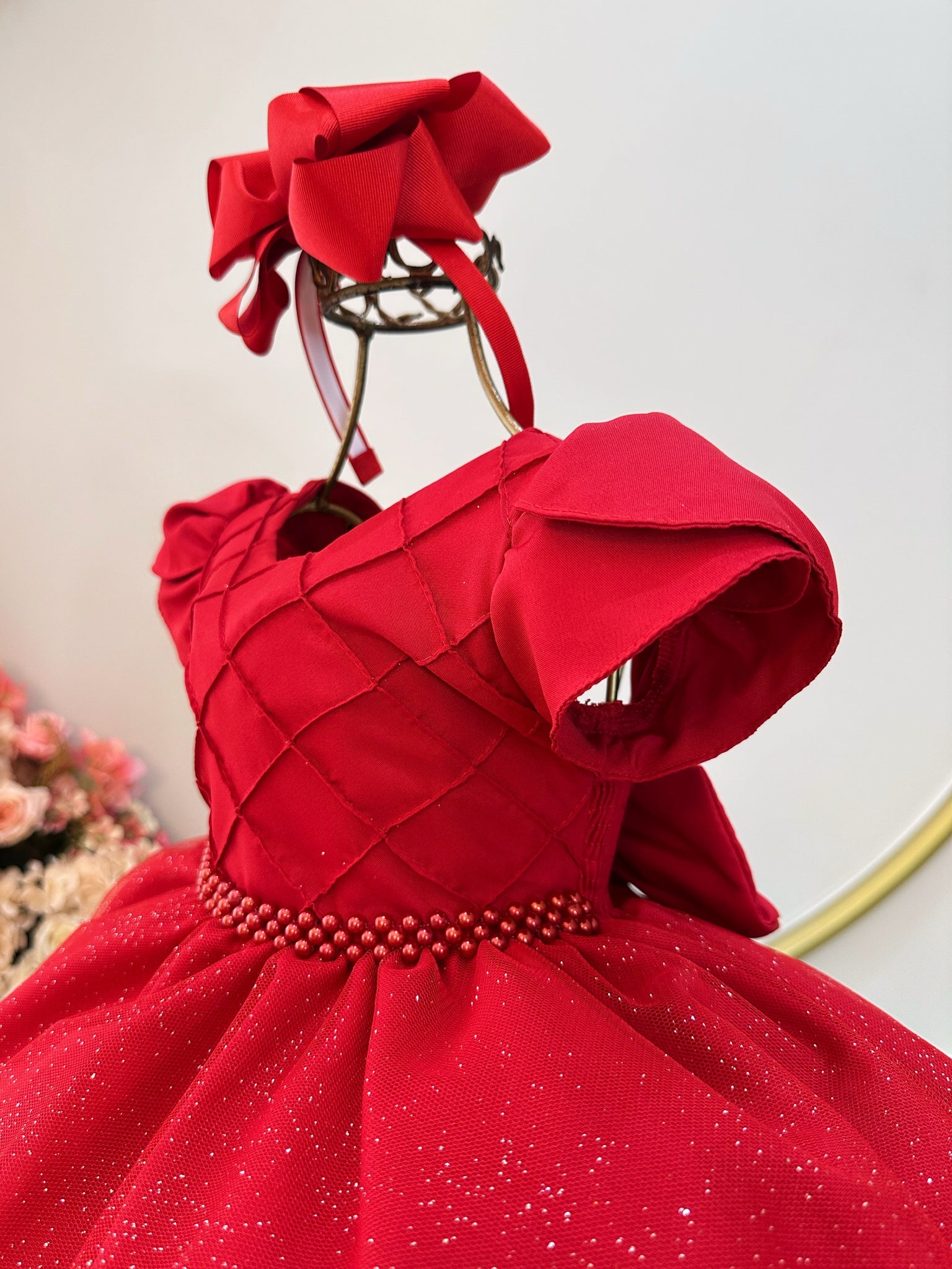 Vestido Infantil Vermelho C/ Busto Nervura Festas Daminhas