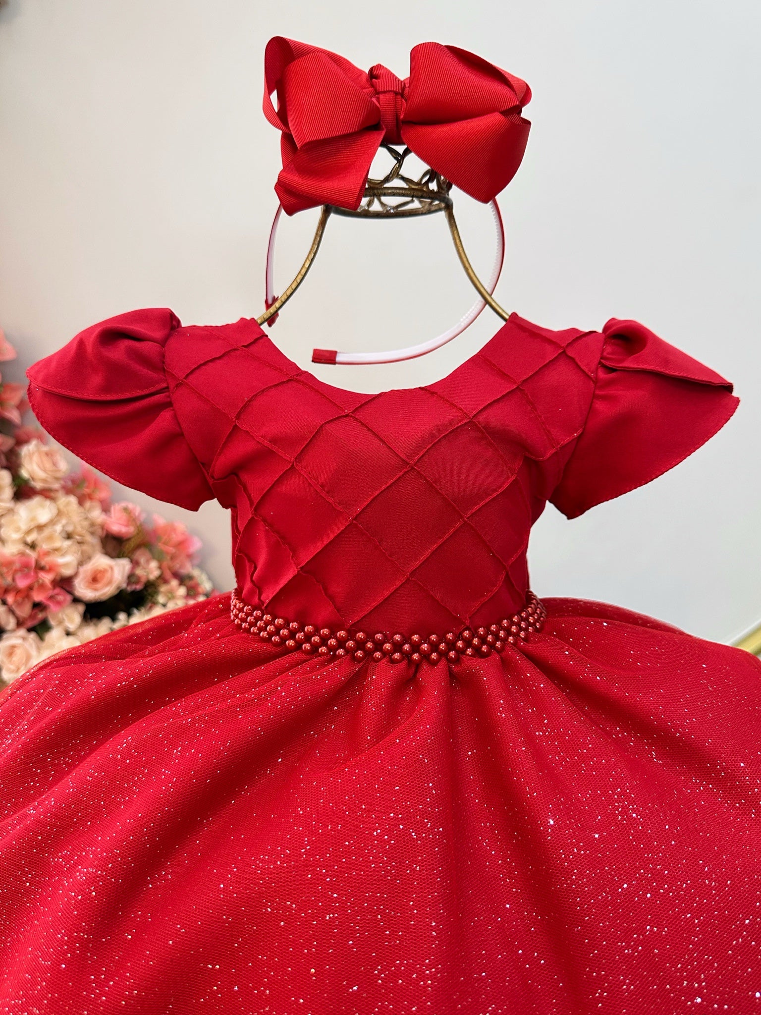 Vestido Infantil Vermelho C/ Busto Nervura Festas Daminhas