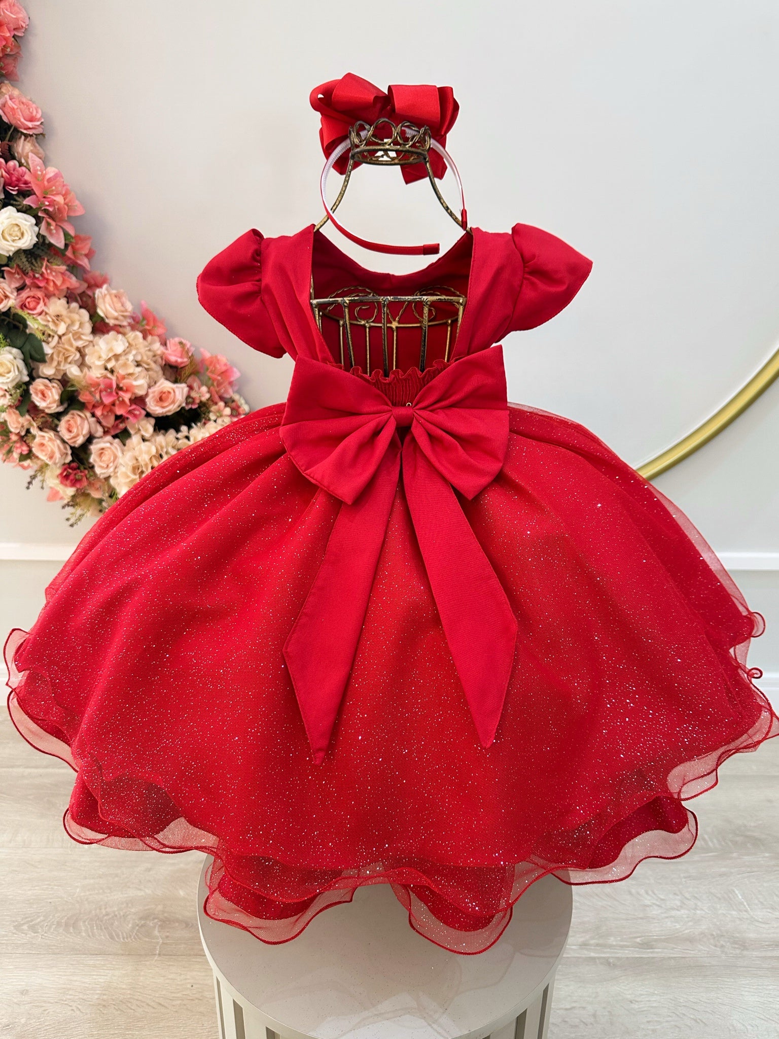 Vestido Infantil Vermelho C/ Busto Nervura Festas Daminhas