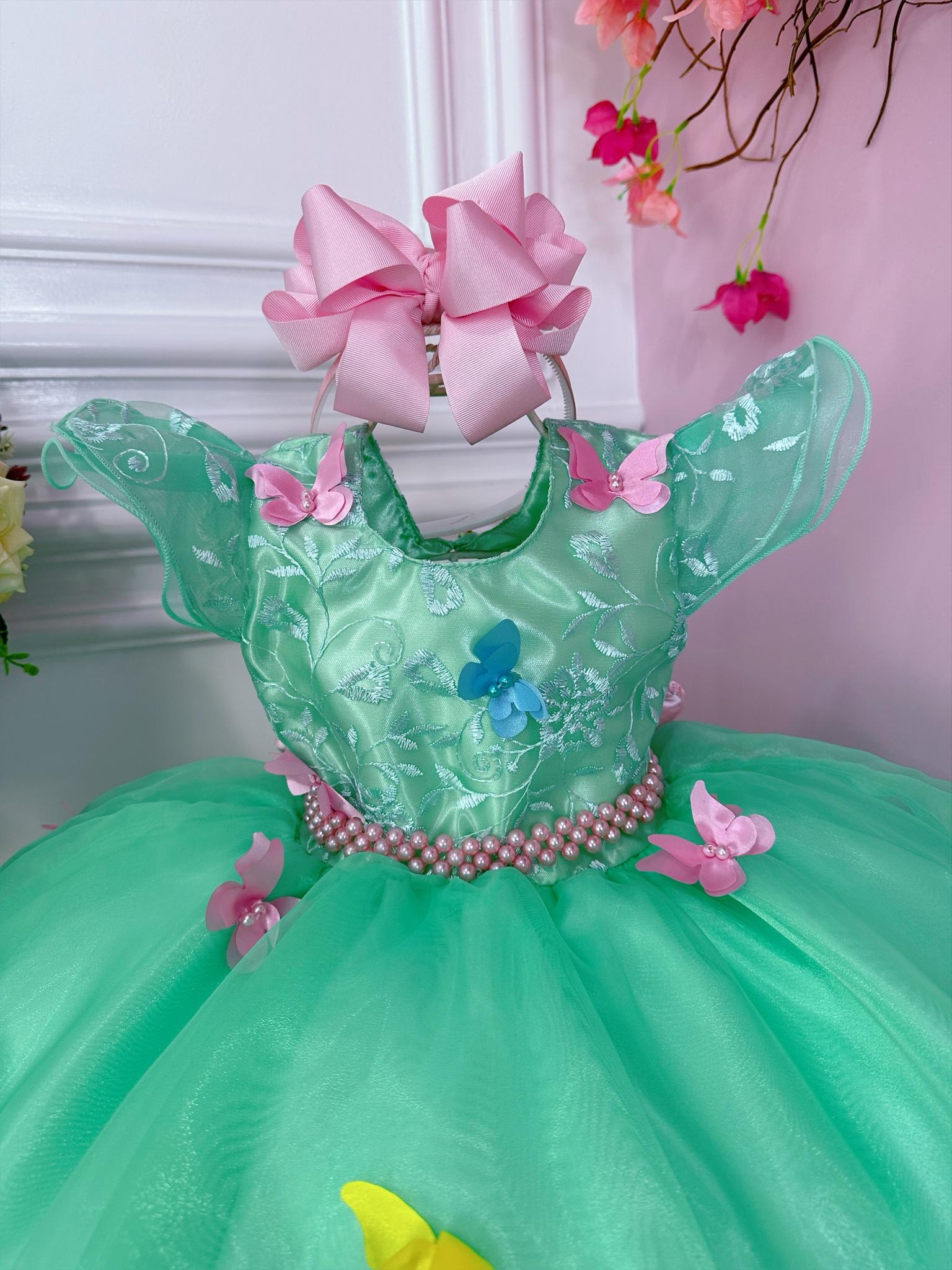 Vestido Infantil Verde Jardim Encantado Renda e Borboletas