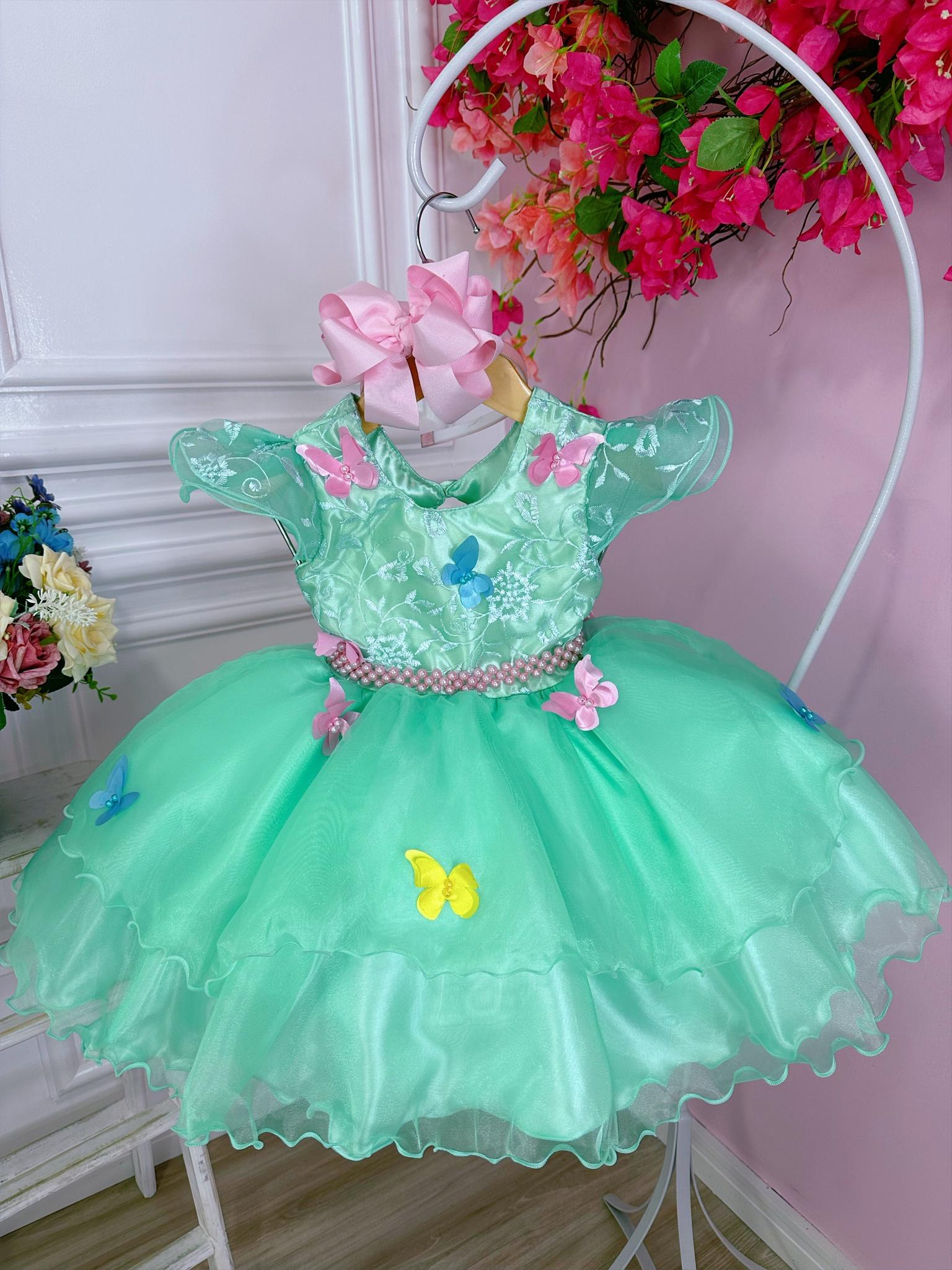 Vestido Infantil Verde Jardim Encantado Renda e Borboletas