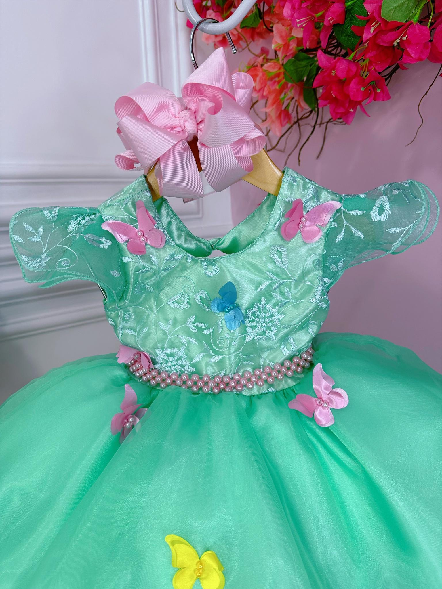 Vestido Infantil Verde Jardim Encantado Renda e Borboletas