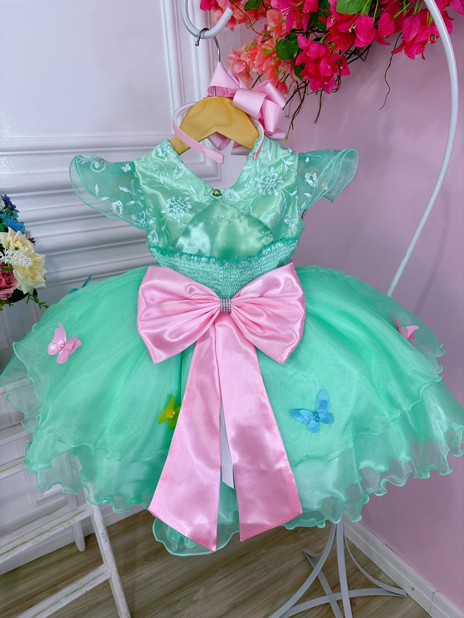 Vestido Infantil Verde Jardim Encantado Renda e Borboletas