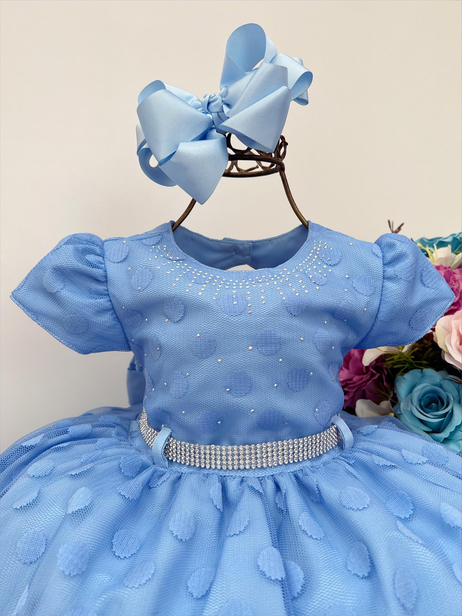 Vestido Infantil Azul C/ Peito e Cinto de Strass Bolinhas