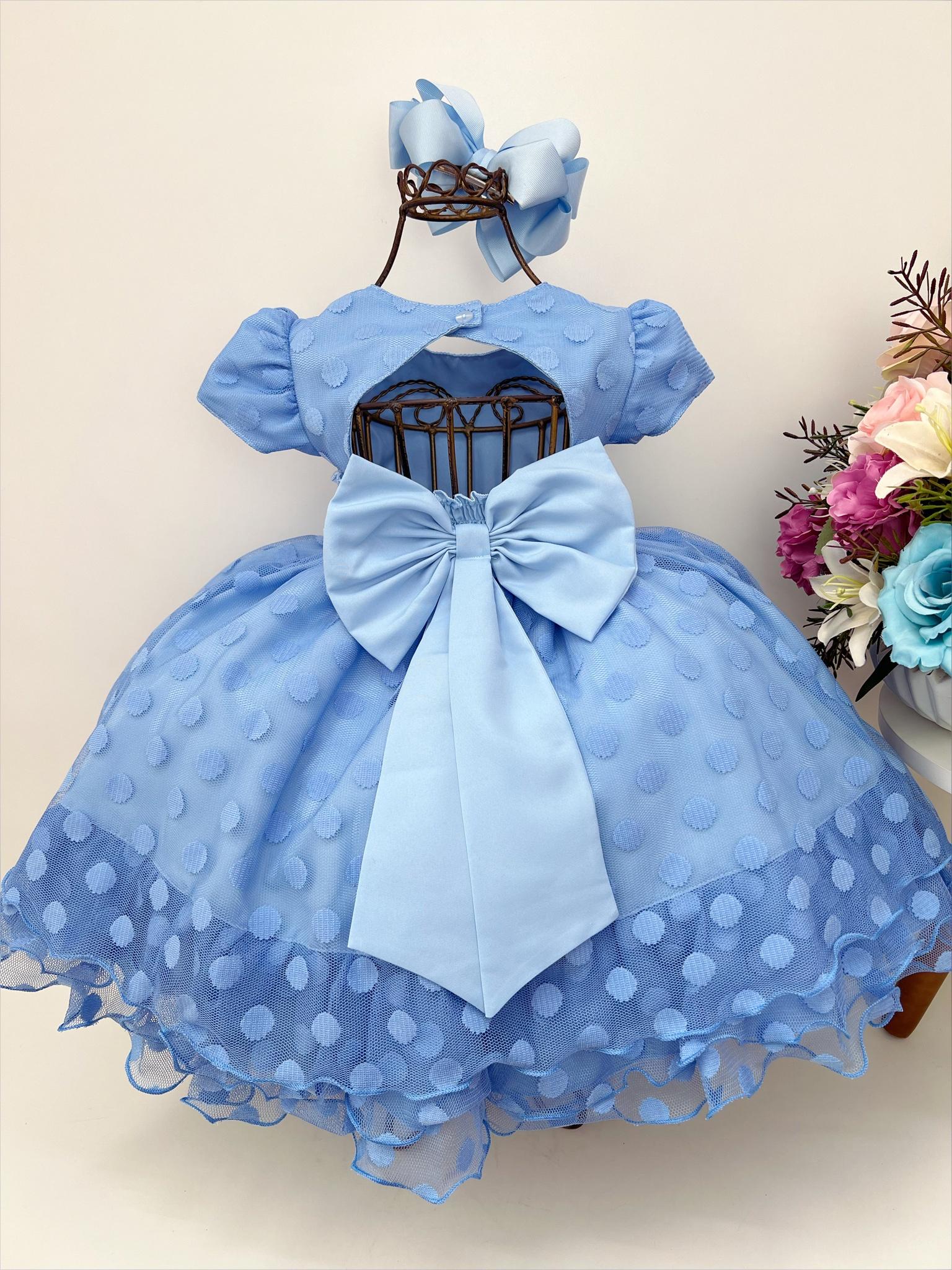 Vestido Infantil Azul C/ Peito e Cinto de Strass Bolinhas