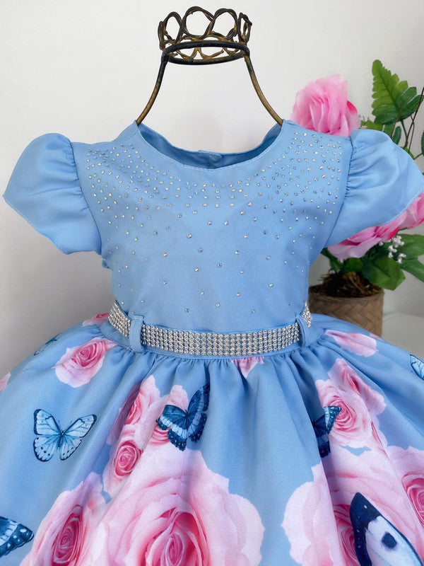 Vestido Infantil Azul Floral Jardim das Borboletas Strass