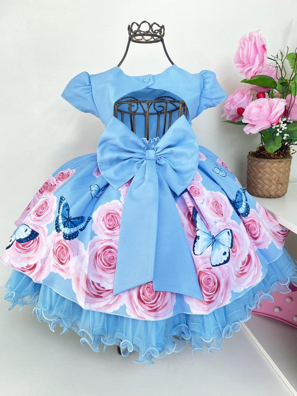 Vestido Infantil Azul Floral Jardim das Borboletas Strass