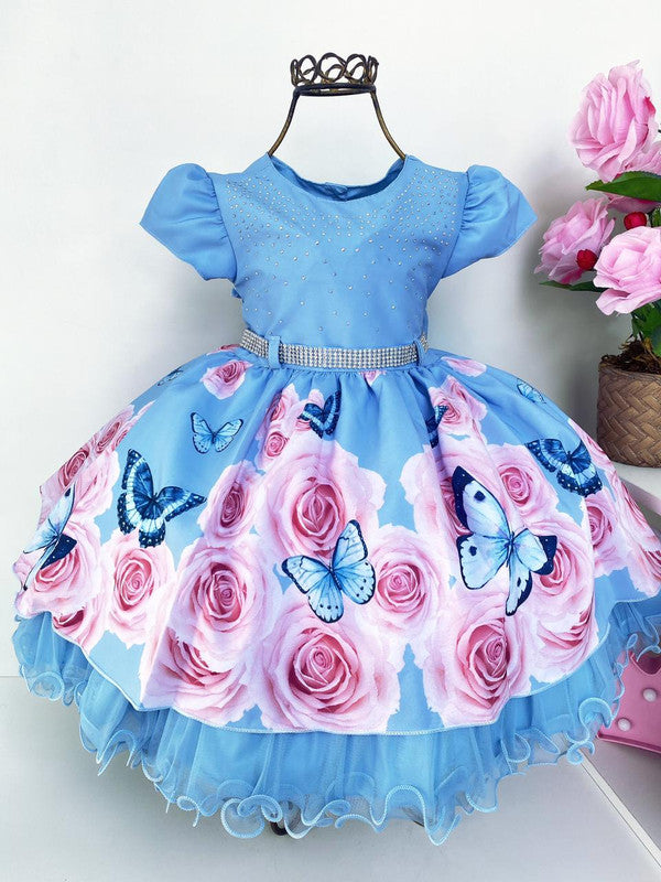 Vestido Infantil Azul Floral Jardim das Borboletas Strass