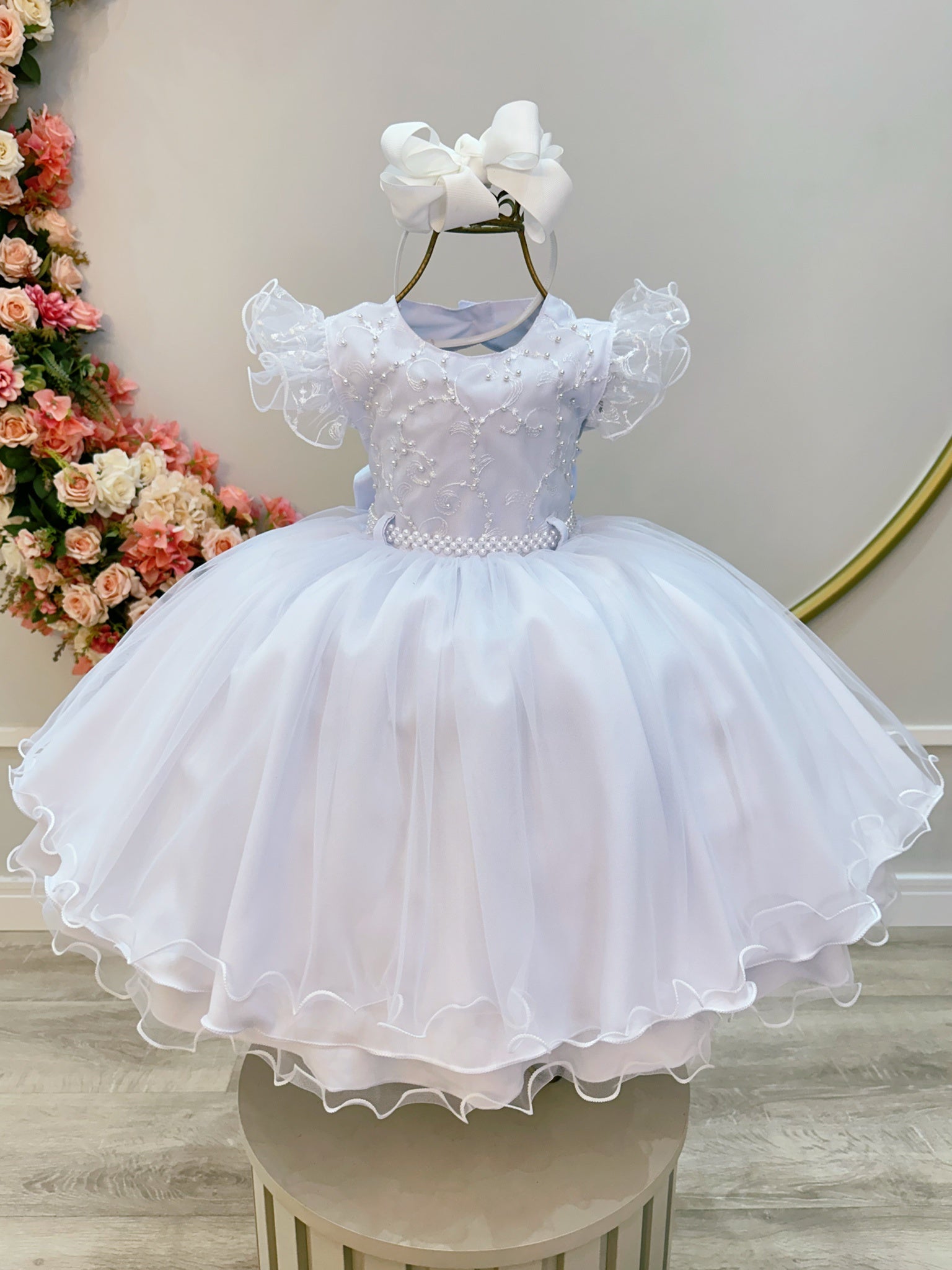 Vestido Infantil Branco Busto Com Renda Batizados Daminhas
