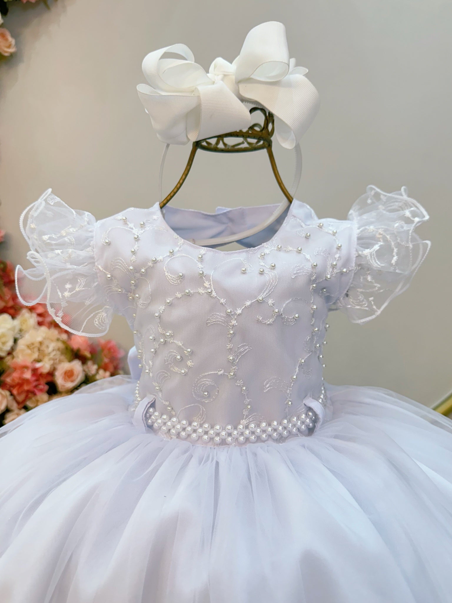 Vestido Infantil Branco Busto Com Renda Batizados Daminhas