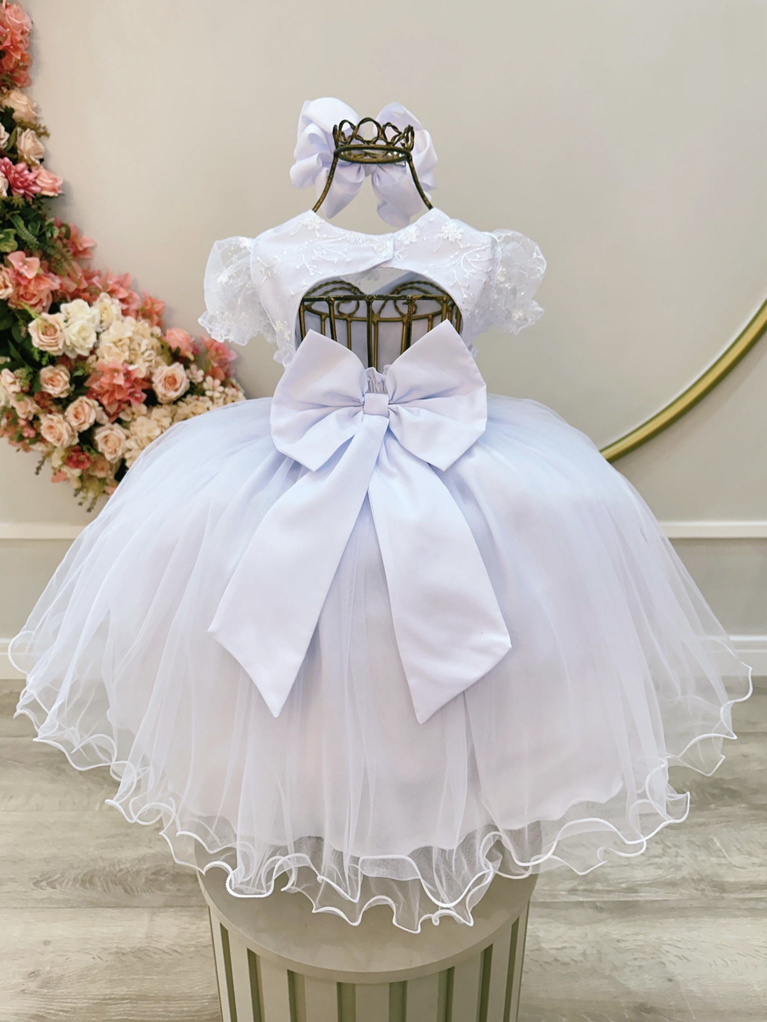 Vestido Infantil Branco Busto Com Renda Daminhas Batizados