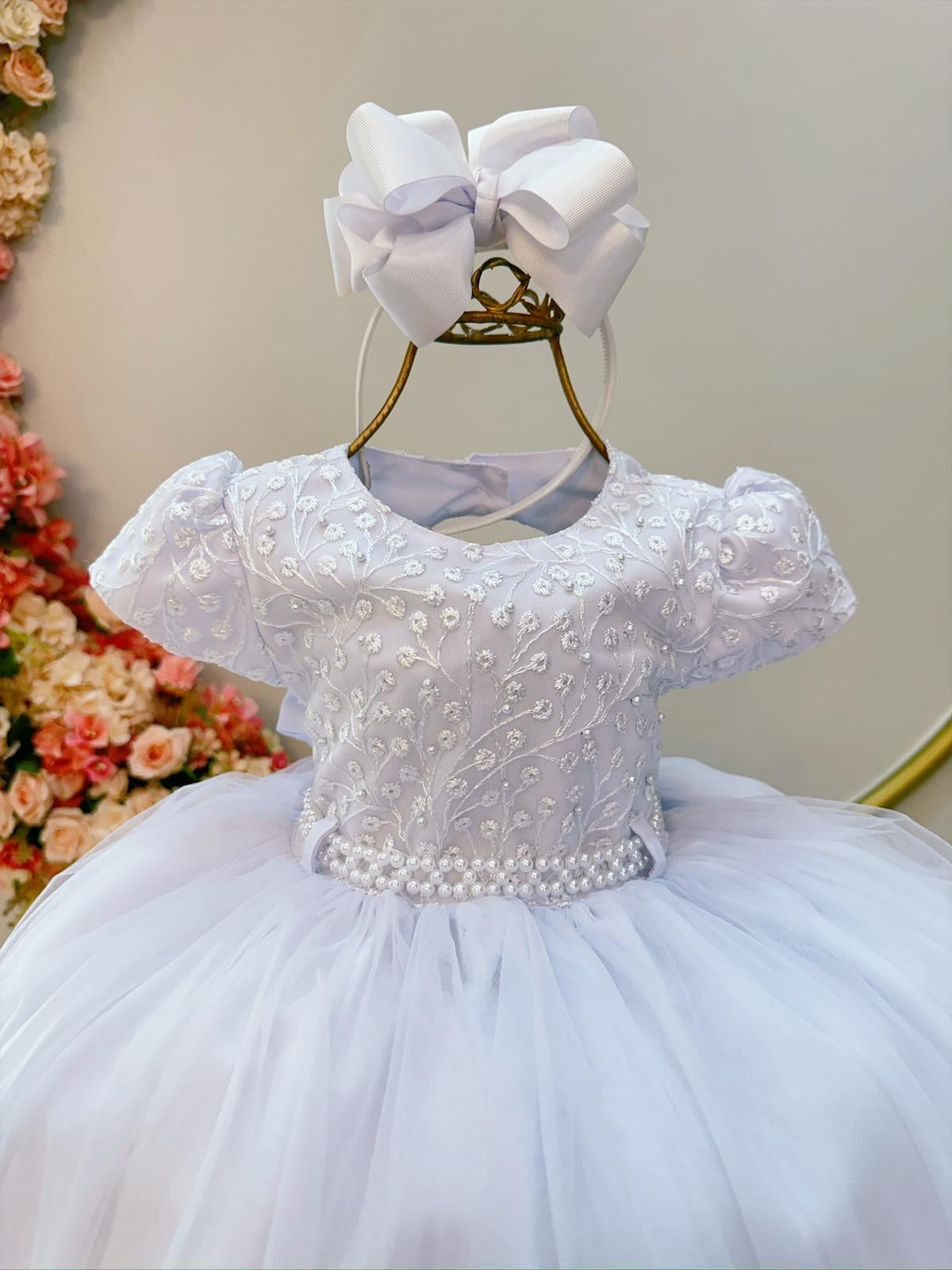 Vestido Infantil Branco Busto Com Renda Luxo Daminhas