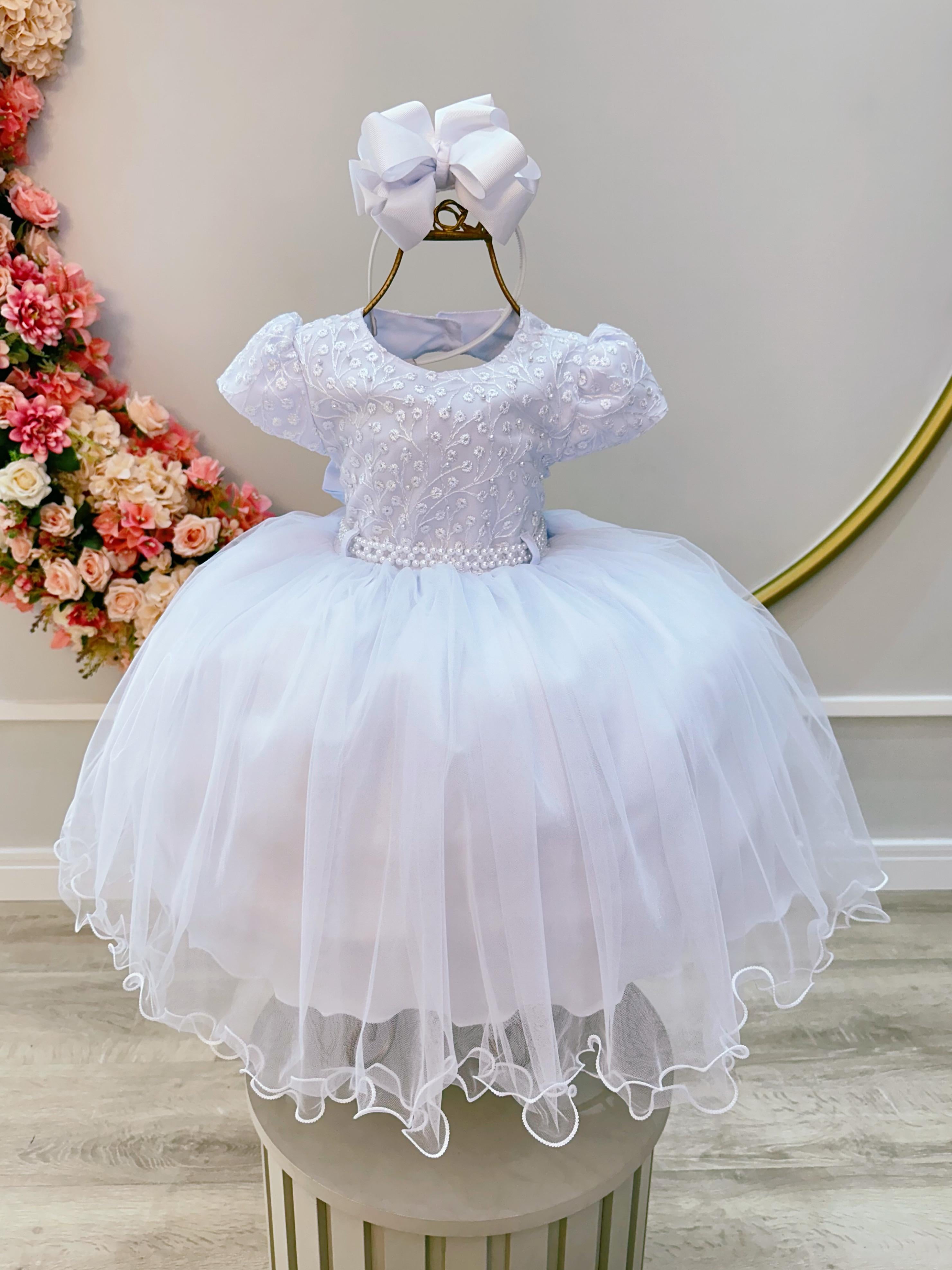 Vestido Infantil Branco Busto Com Renda Luxo Daminhas