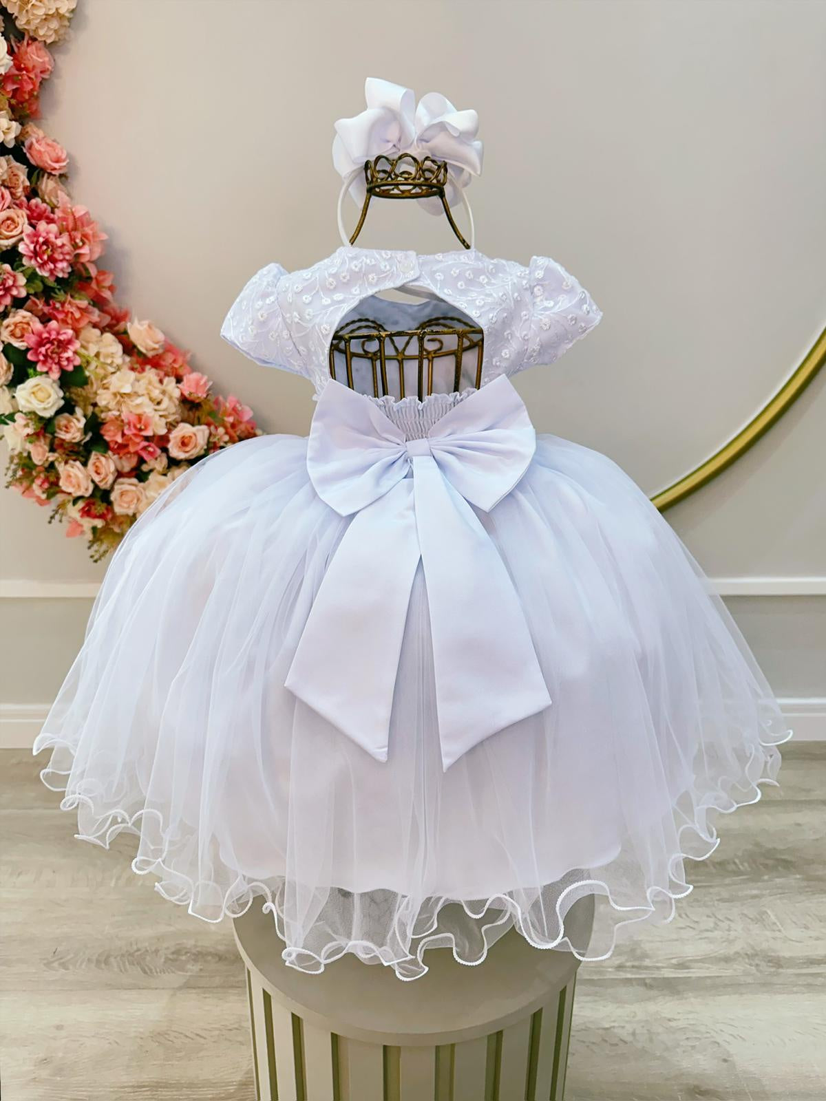 Vestido Infantil Branco Busto Com Renda Luxo Daminhas