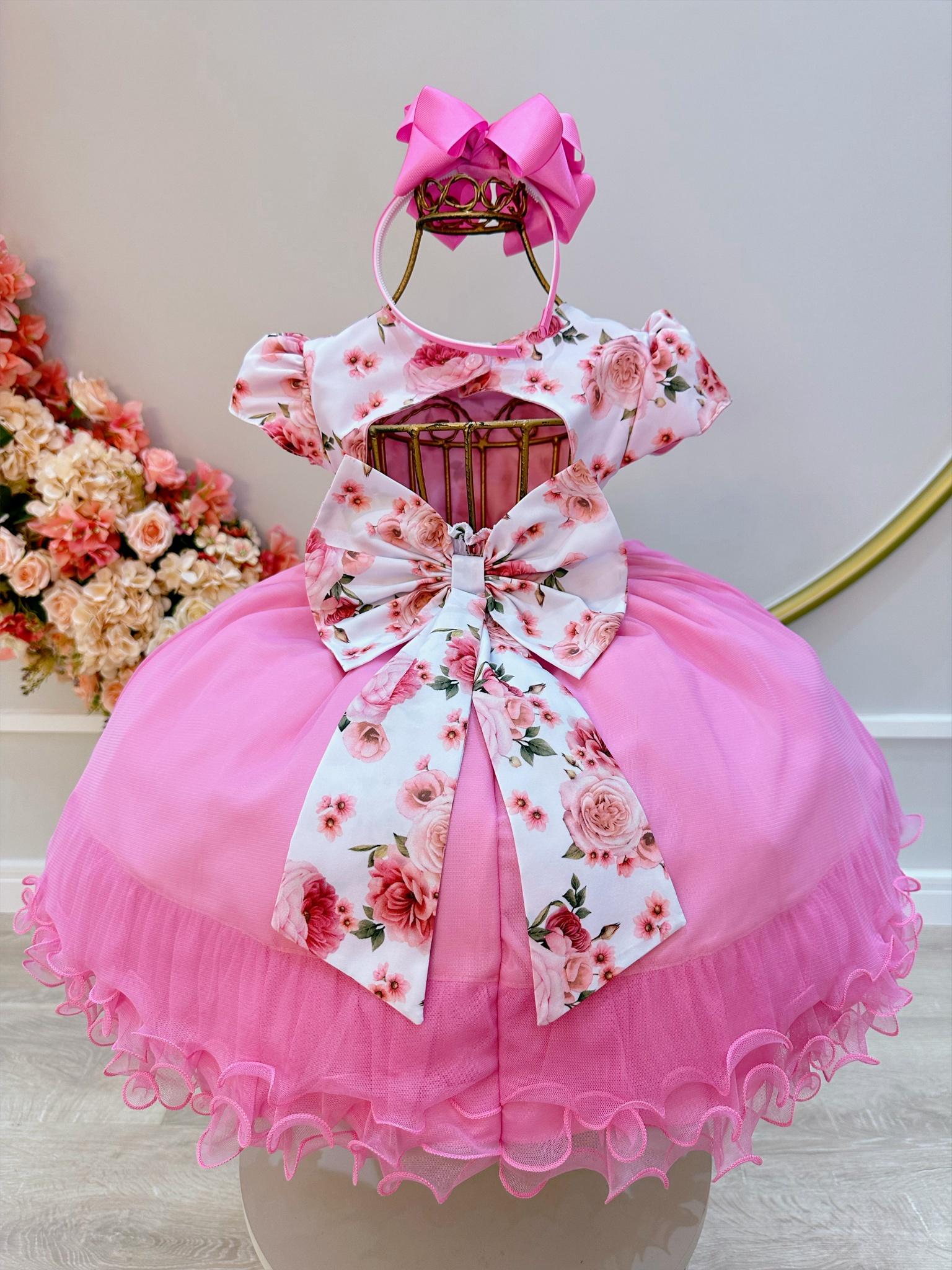 Vestido Infantil Branco Florido Strass e Saia Rosa Luxo