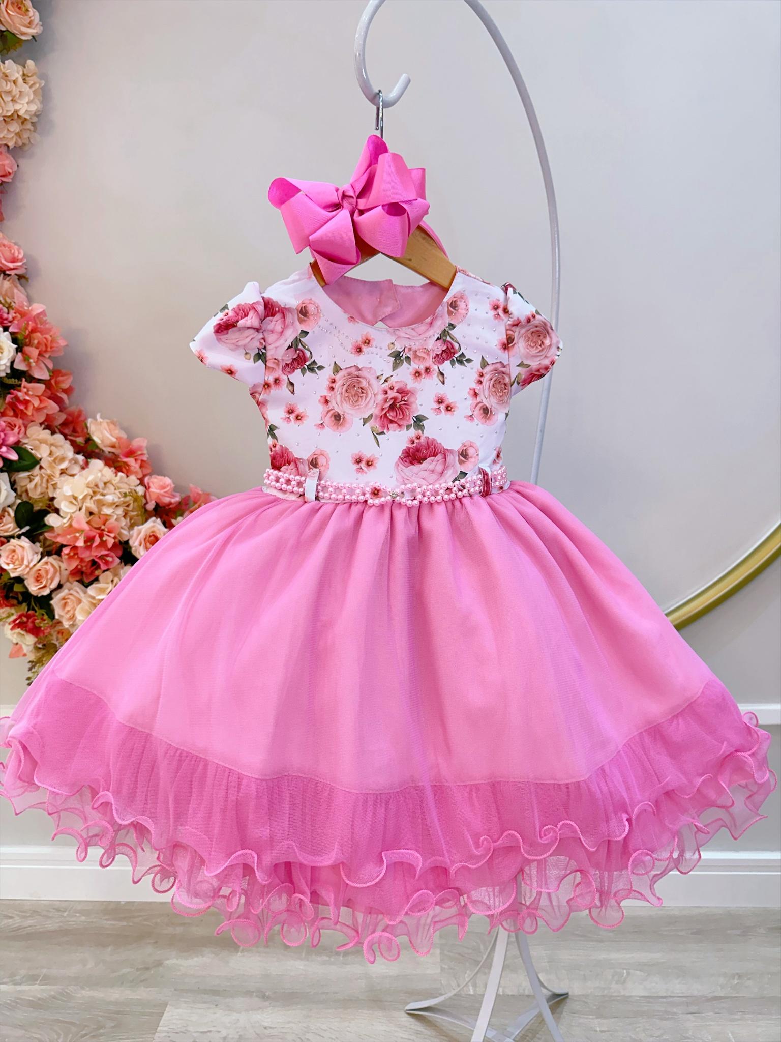 Vestido Infantil Branco Florido Strass e Saia Rosa Luxo