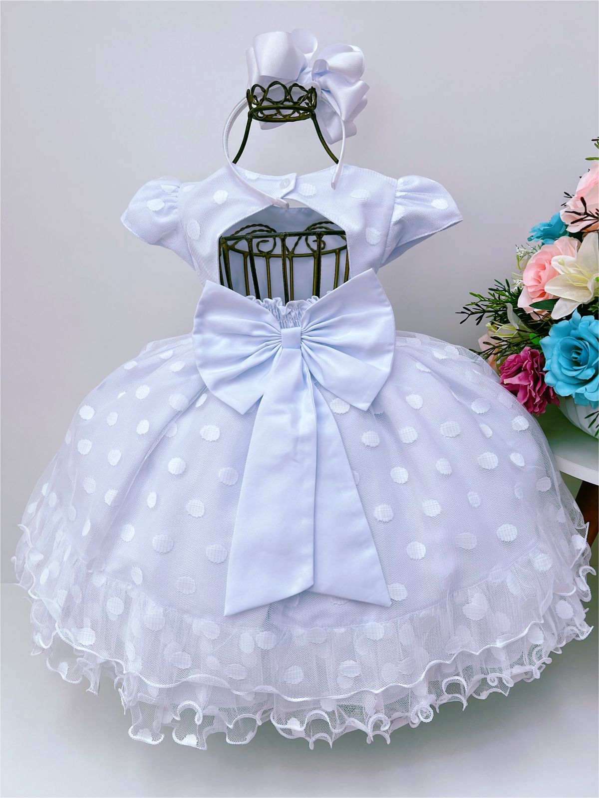 Vestido Infantil Branco Busto Com Strass e Pérolas Bolinhas