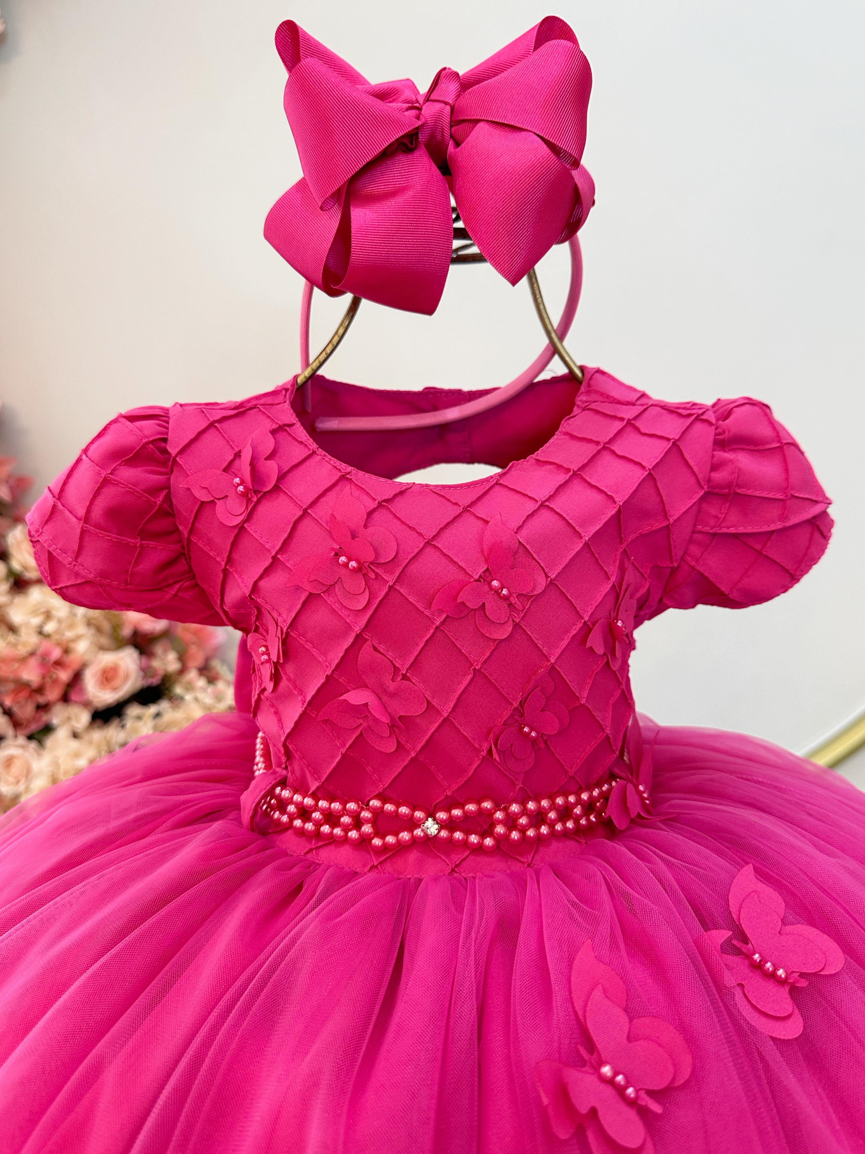 Vestido Infantil Pink Busto Nervura Com Apliques Daminha