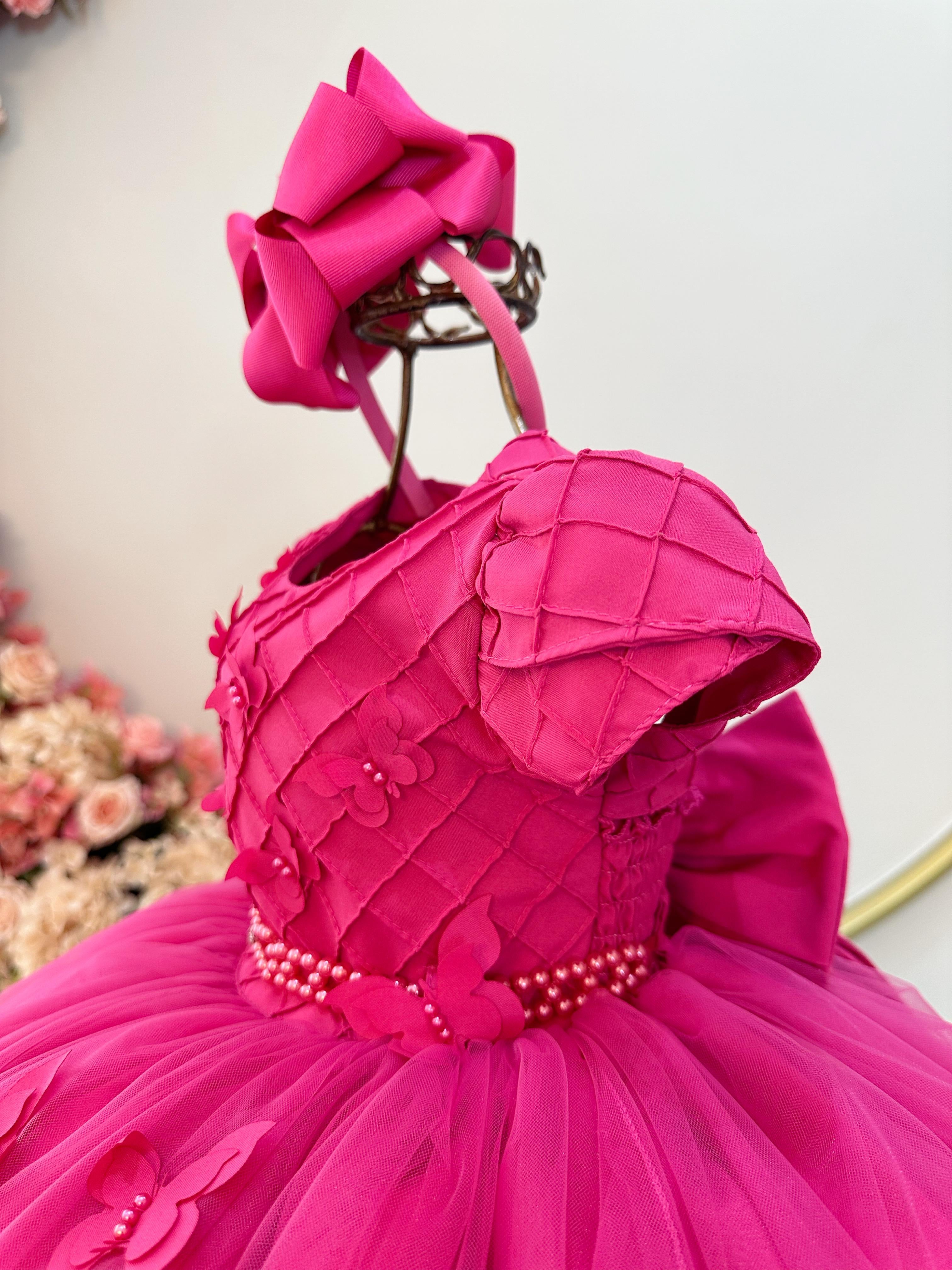 Vestido Infantil Pink Busto Nervura Com Apliques Daminha
