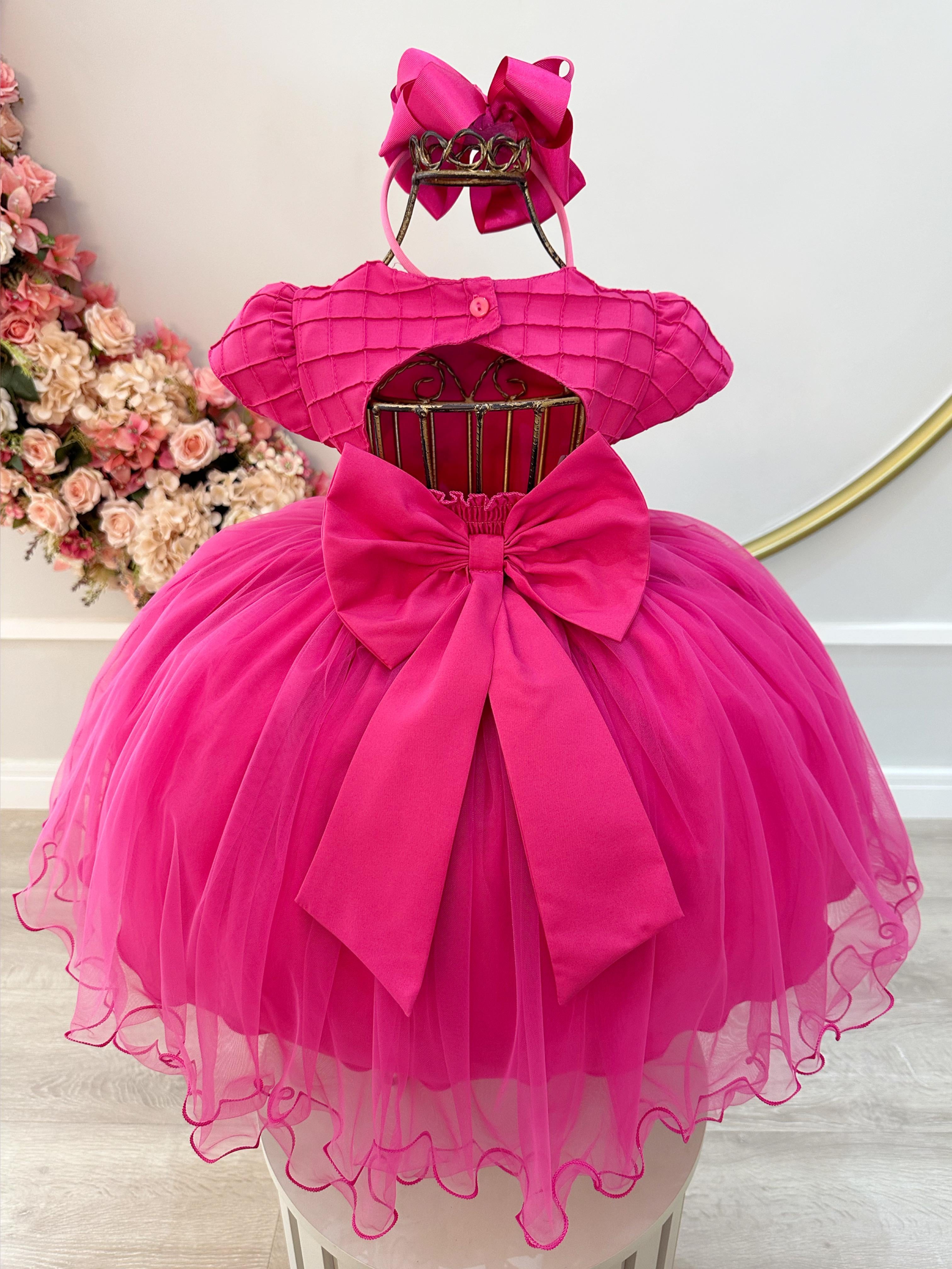 Vestido Infantil Pink Busto Nervura Com Apliques Daminha