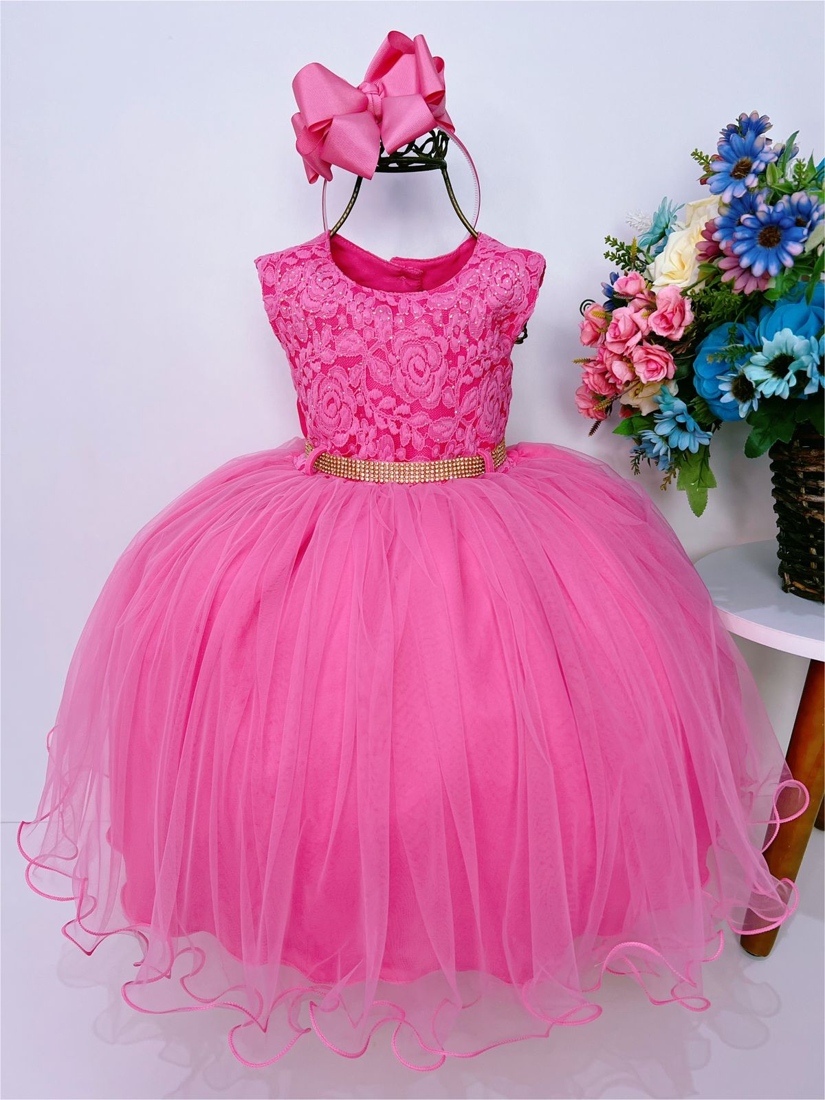 Vestido Infantil Pink C/ Renda e Peito Strass Cinto Luxo