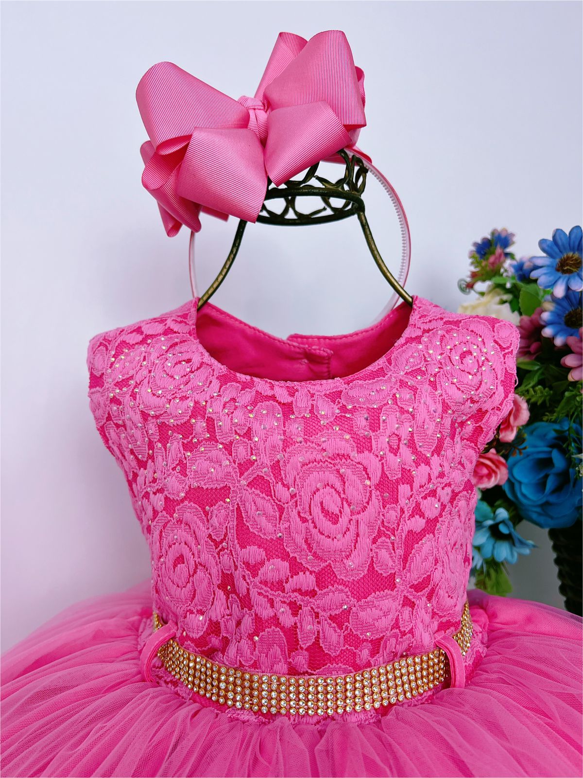 Vestido Infantil Pink C/ Renda e Peito Strass Cinto Luxo