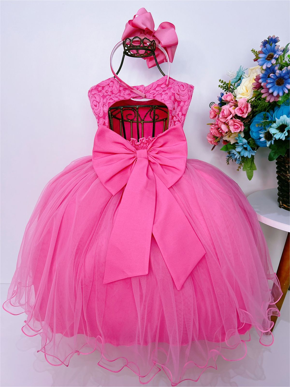 Vestido Infantil Pink C/ Renda e Peito Strass Cinto Luxo