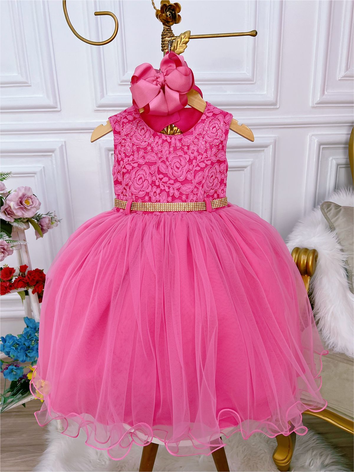 Vestido Infantil Pink C/ Renda e Peito Strass Cinto Luxo