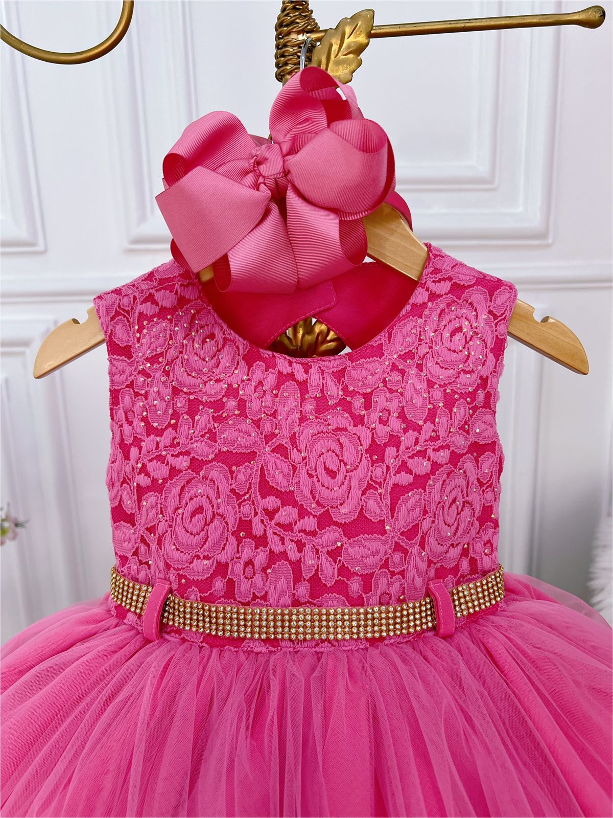 Vestido Infantil Pink C/ Renda e Peito Strass Cinto Luxo