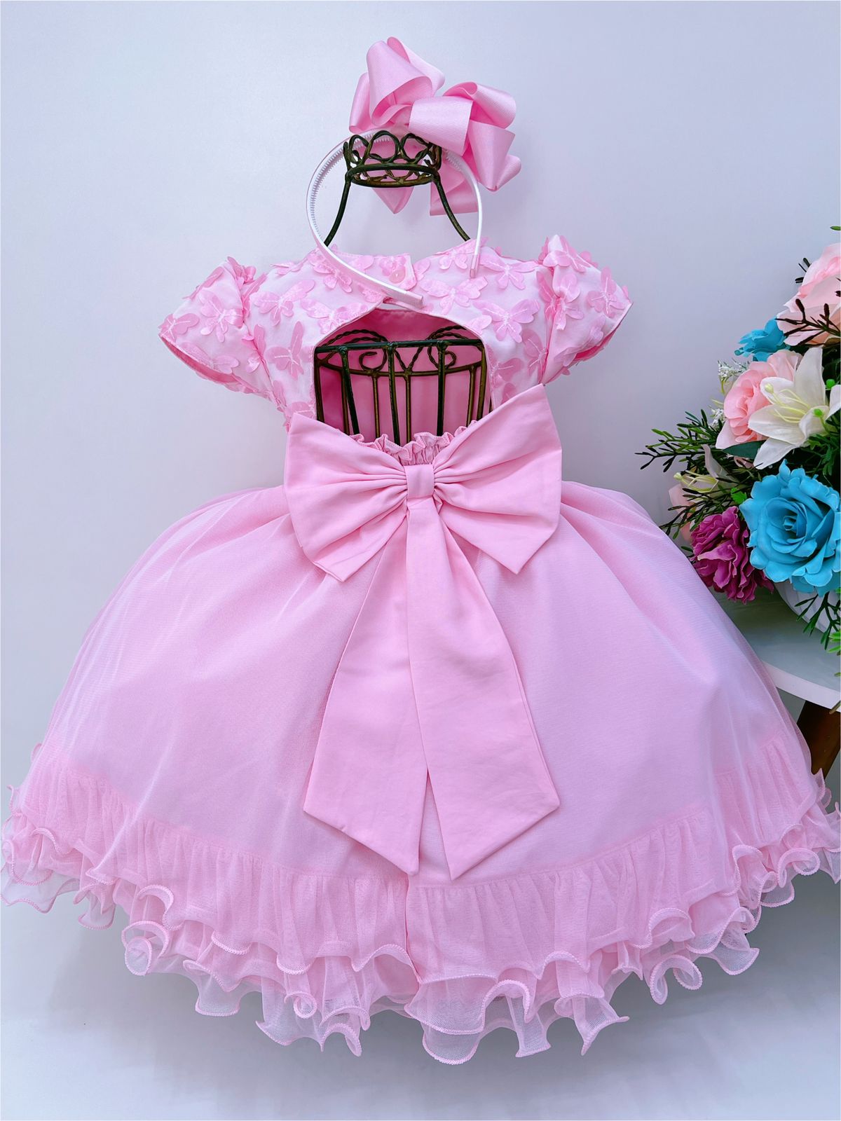 Vestido Infantil Rosa Aplique de Borboletas Cinto de Pérolas