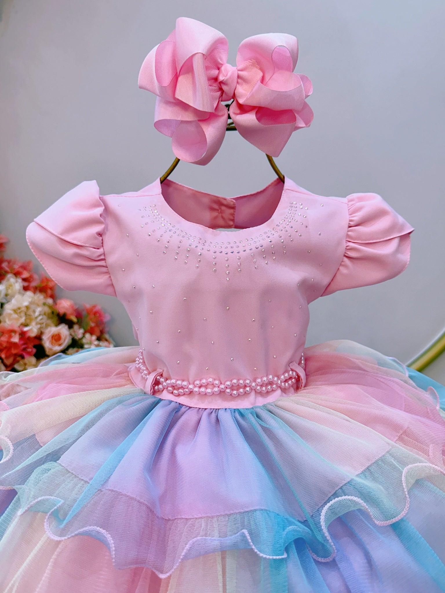 Vestido Infantil Rosa Arco Iris Chuva de Amor Festas
