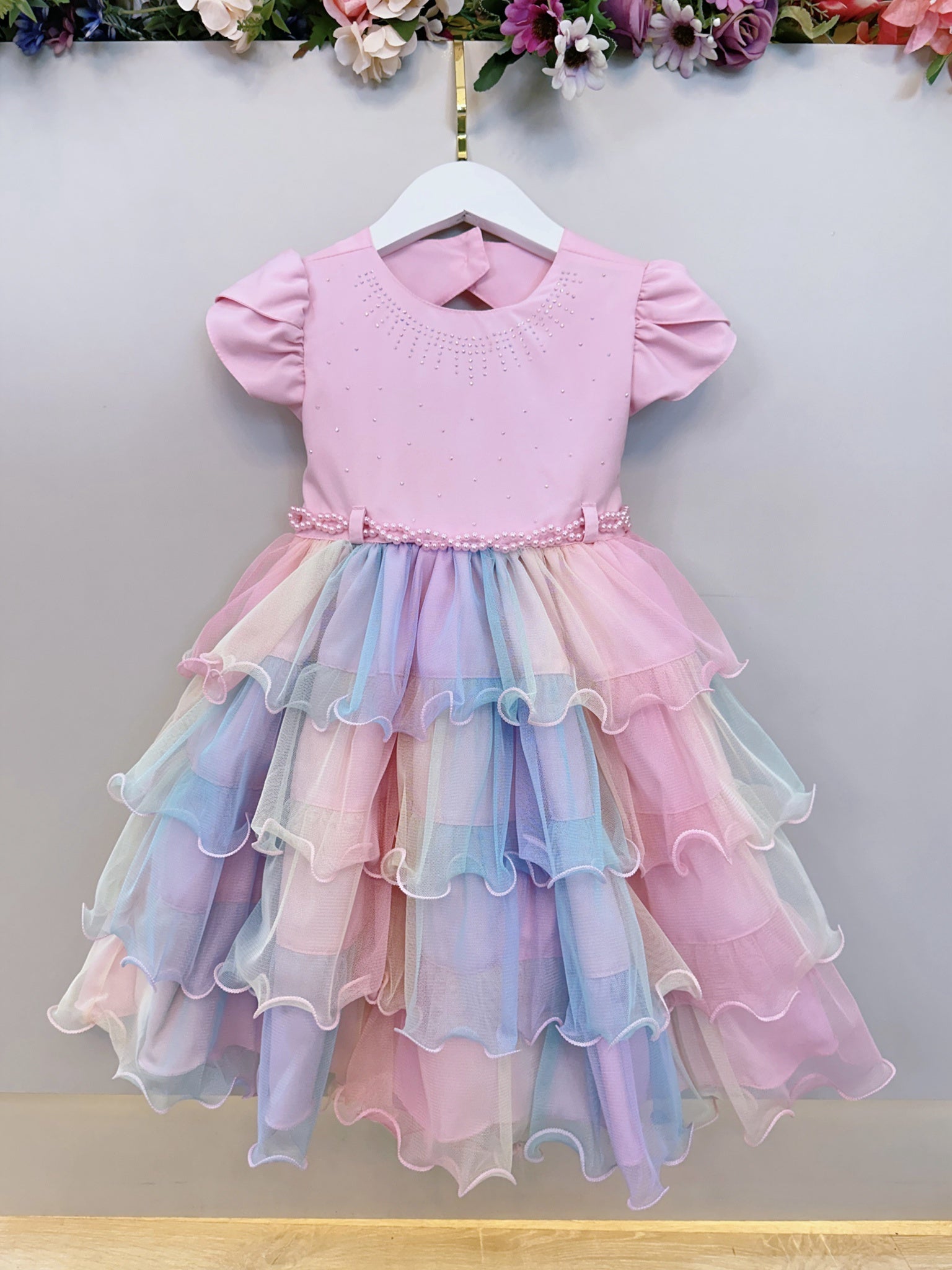 Vestido Infantil Rosa Arco Iris Chuva de Amor Festas