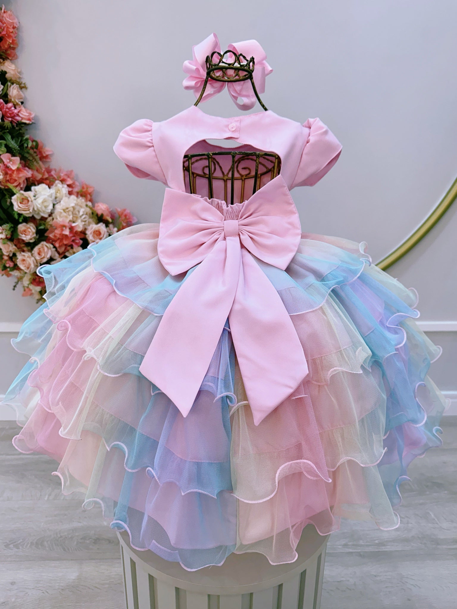 Vestido Infantil Rosa Arco Iris Chuva de Amor Festas