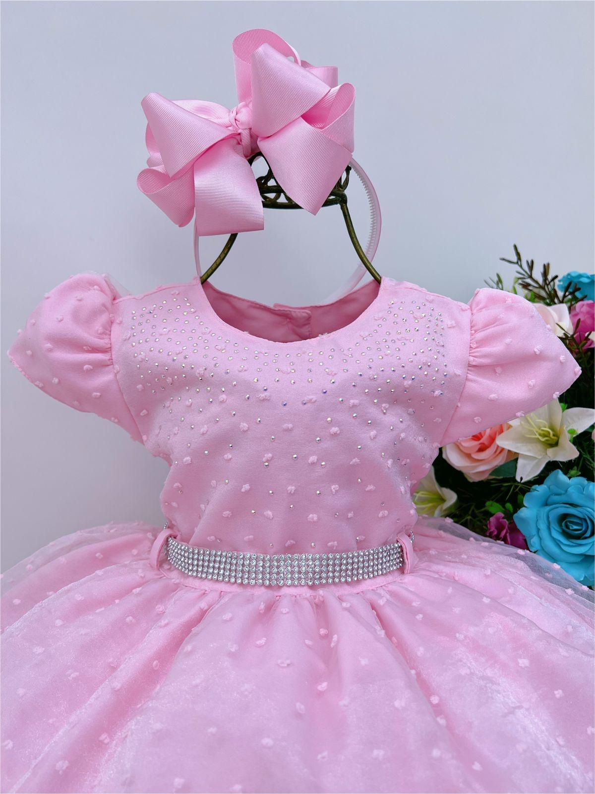 Vestido Infantil Rosa Batizado Babados e Strass