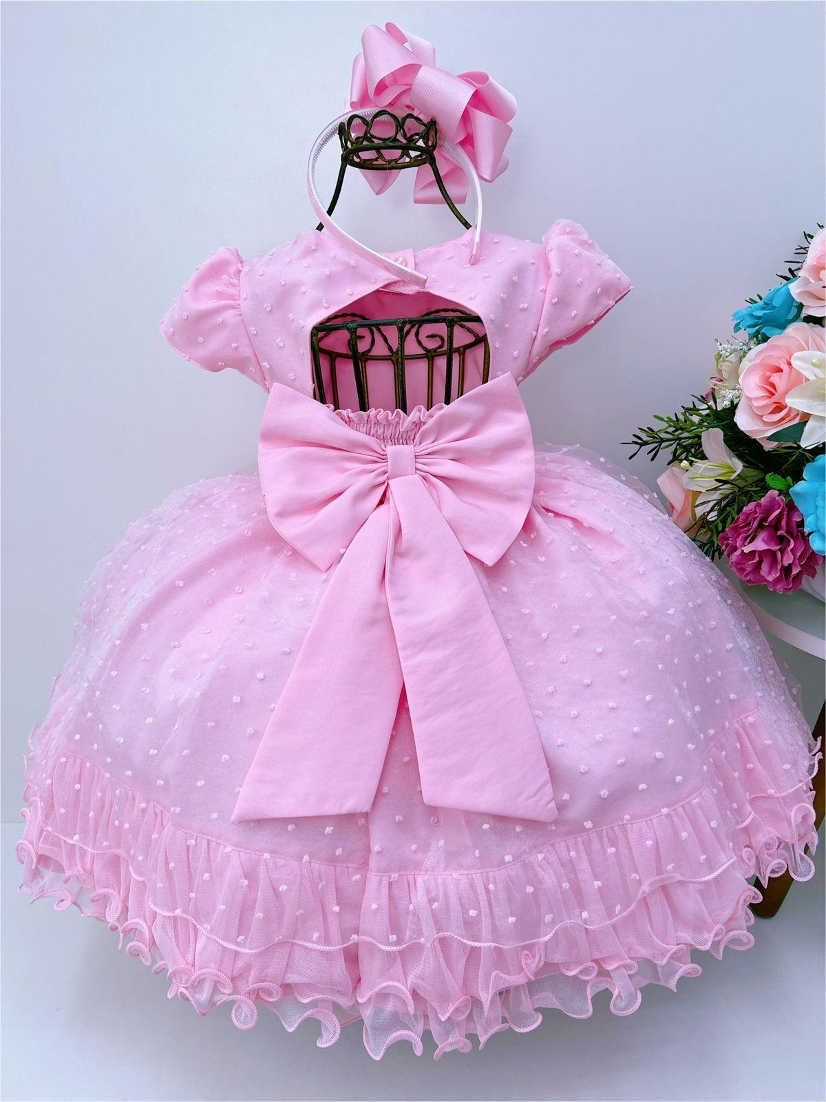 Vestido Infantil Rosa Batizado Babados e Strass