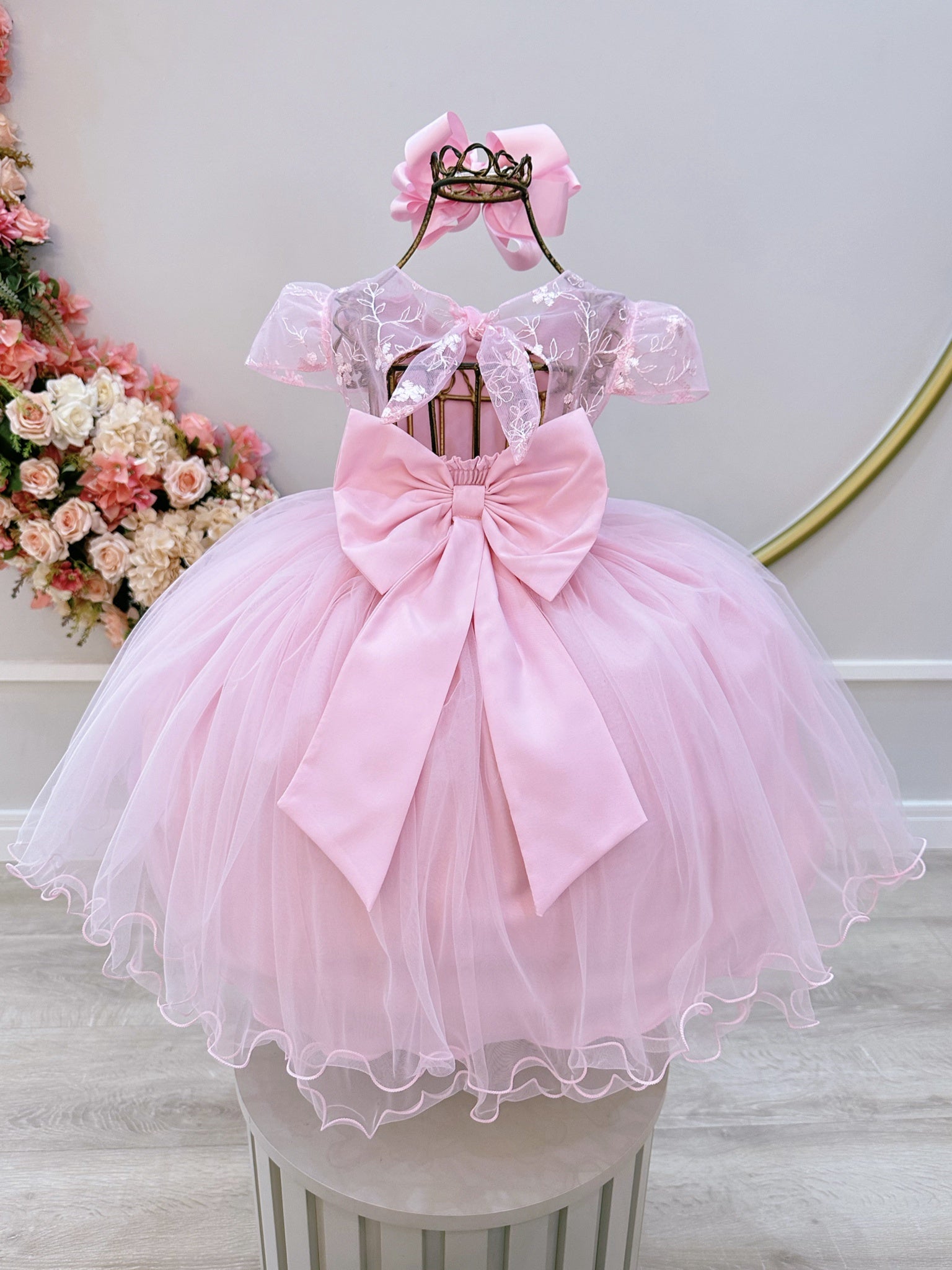 Vestido Infantil Rosa Busto Com Renda Daminhas Batizados