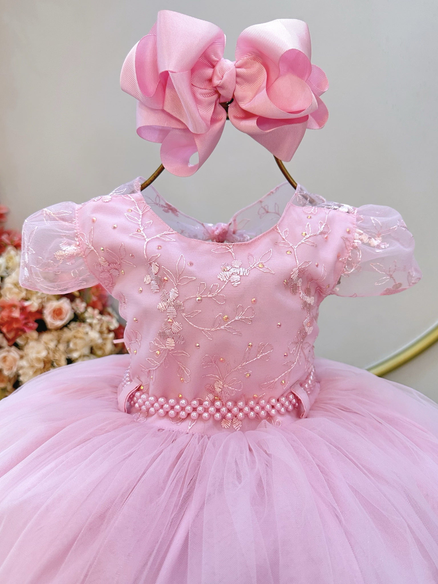Vestido Infantil Rosa Busto Com Renda Daminhas Batizados