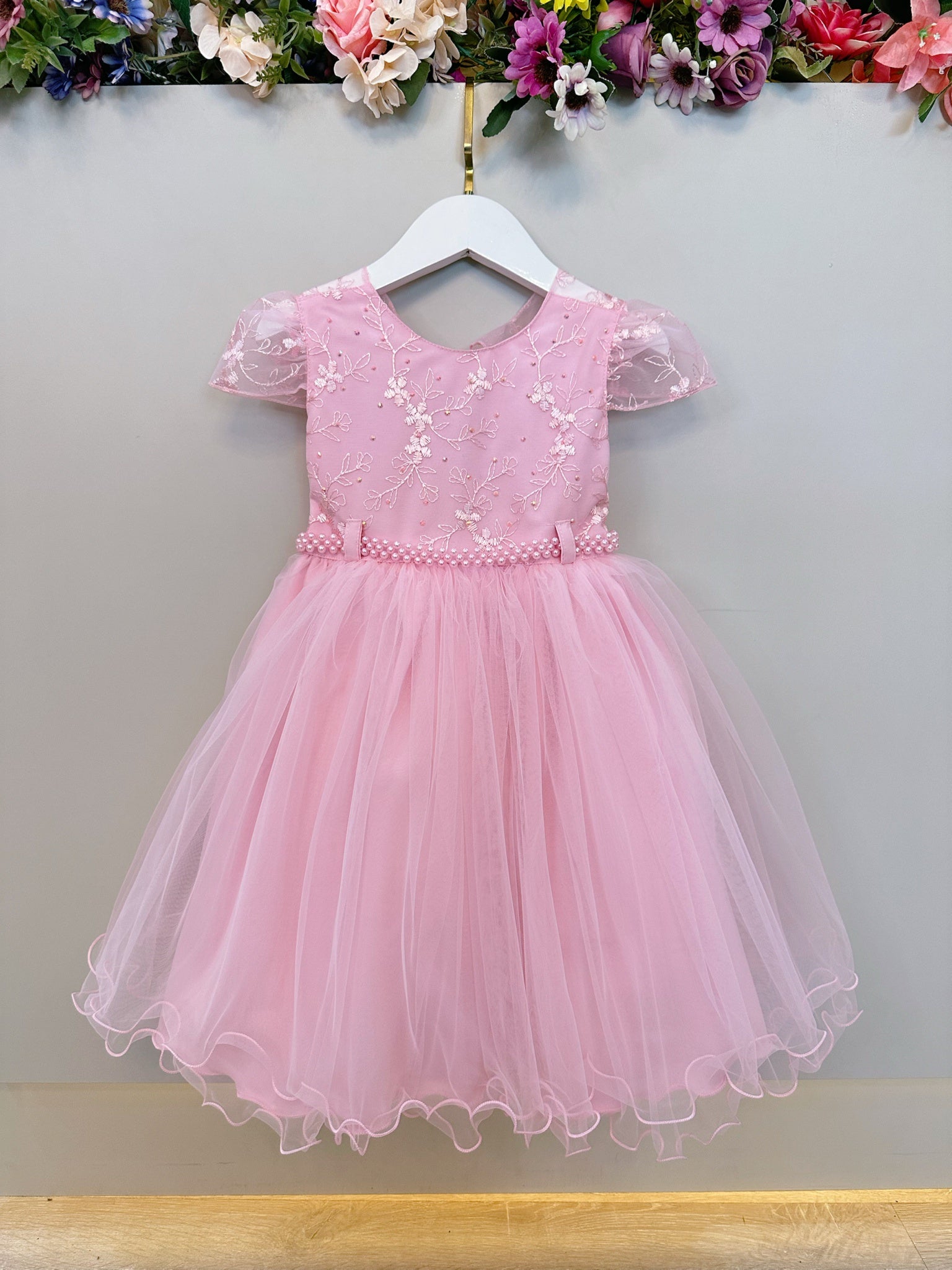 Vestido Infantil Rosa Busto Com Renda Daminhas Batizados
