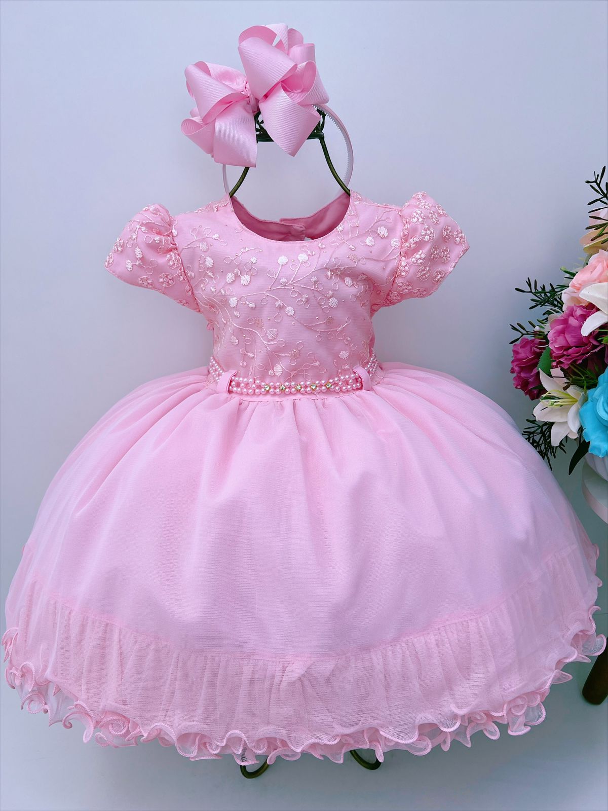 Vestido Infantil Rosa C/ Renda Cinto Pérolas Strass Luxo