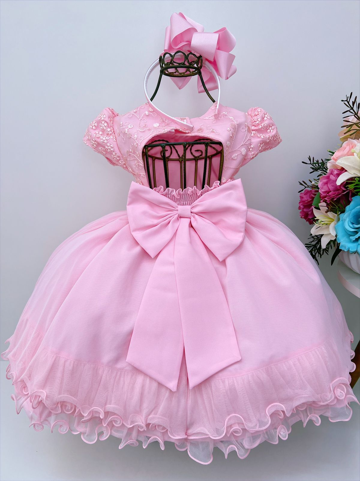 Vestido Infantil Rosa C/ Renda Cinto Pérolas Strass Luxo