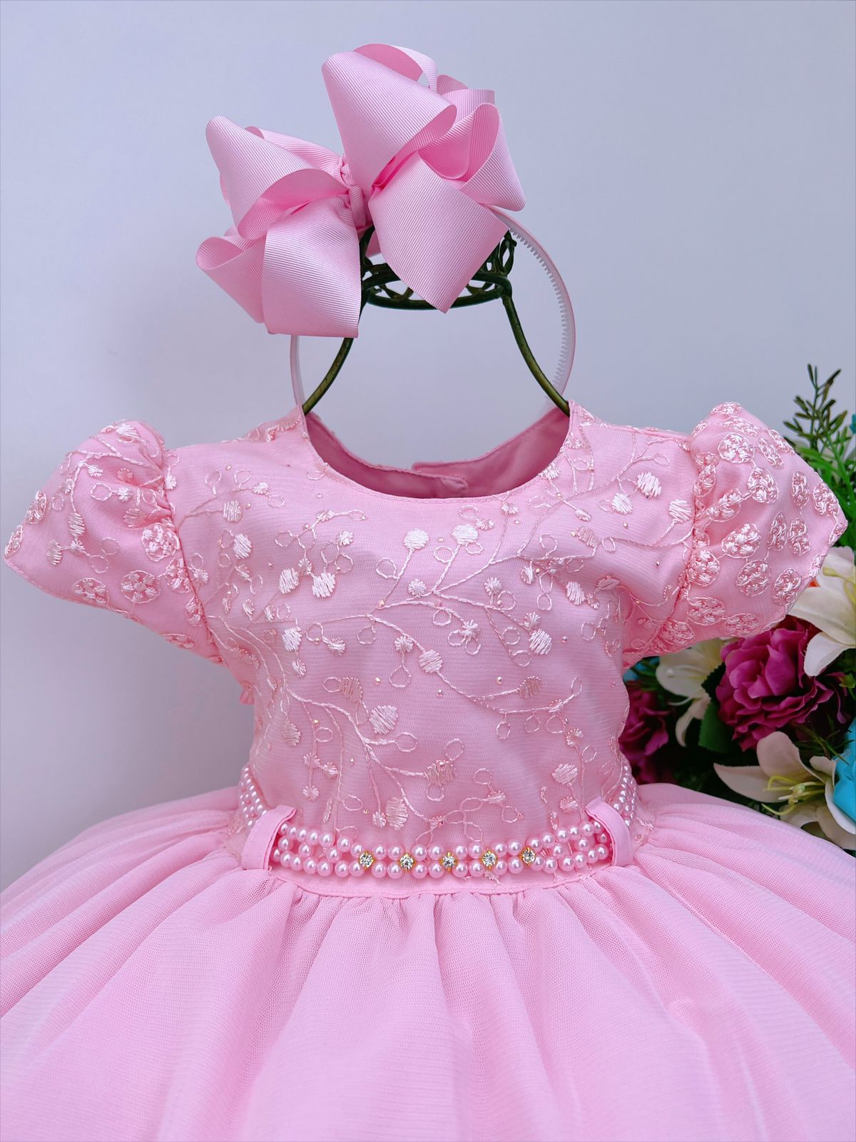 Vestido Infantil Rosa C/ Renda Cinto Pérolas Strass Luxo