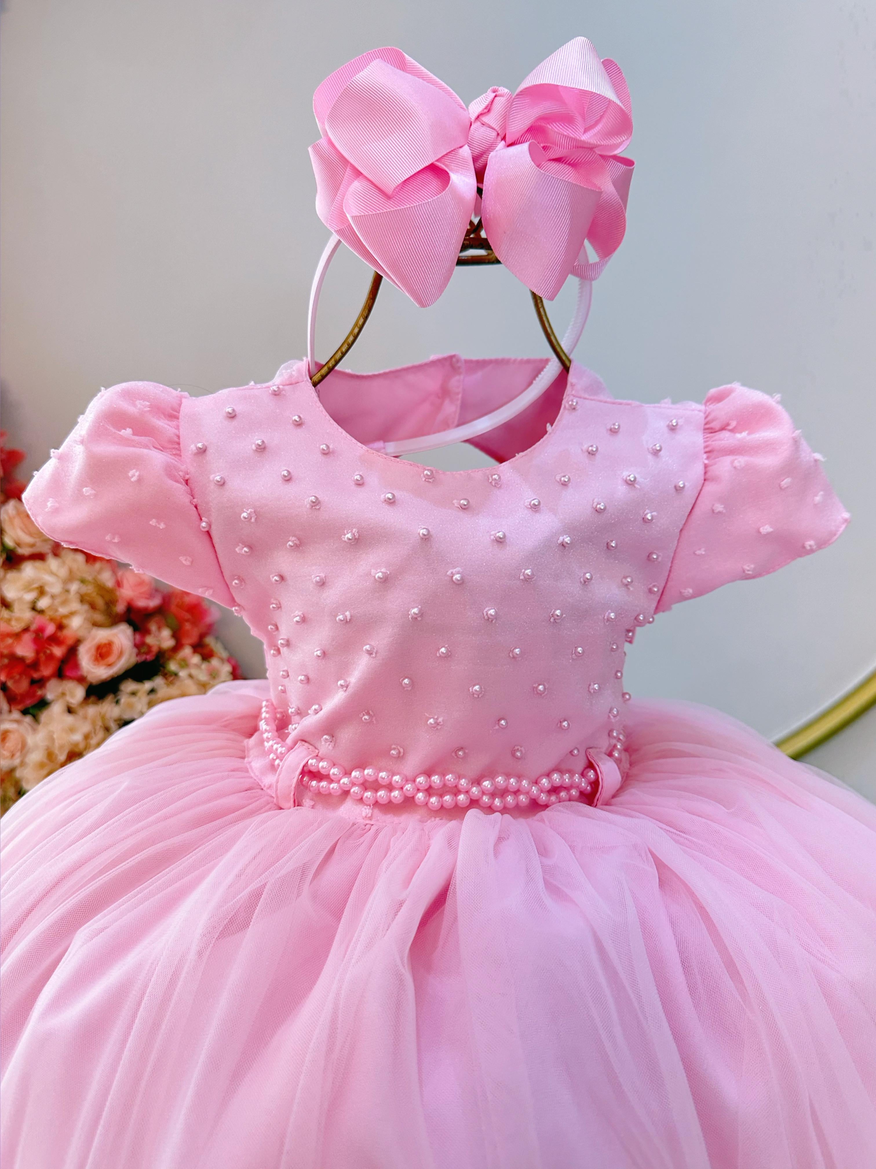 Vestido Infantil Rosa Claro Busto Com Pérolas Daminhas
