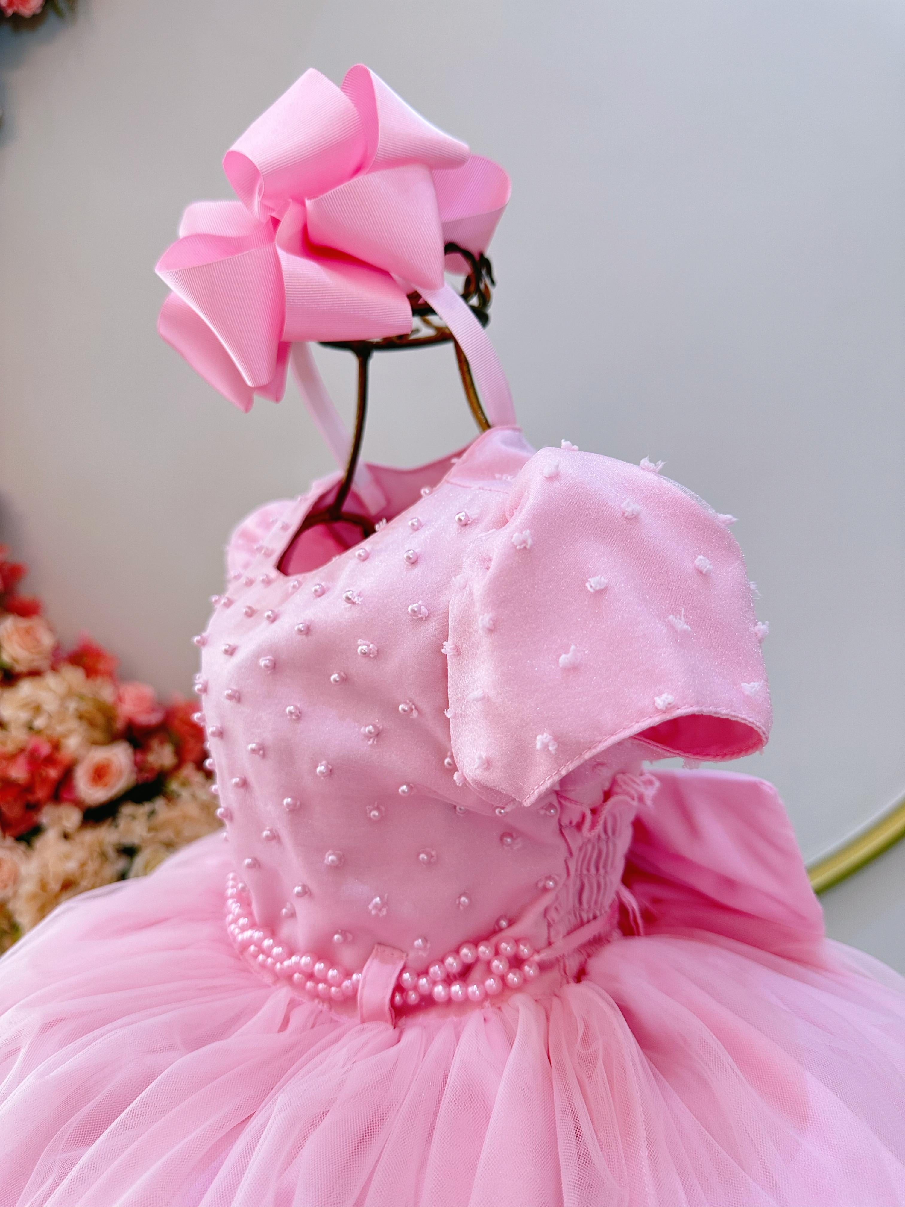 Vestido Infantil Rosa Claro Busto Com Pérolas Daminhas