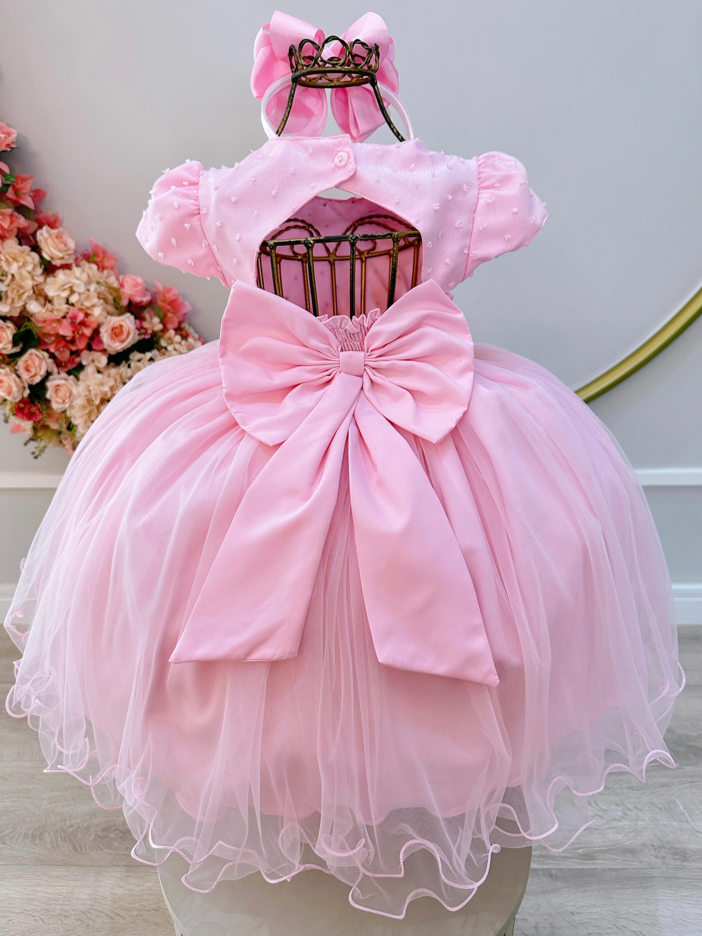 Vestido Infantil Rosa Claro Busto Com Pérolas Daminhas