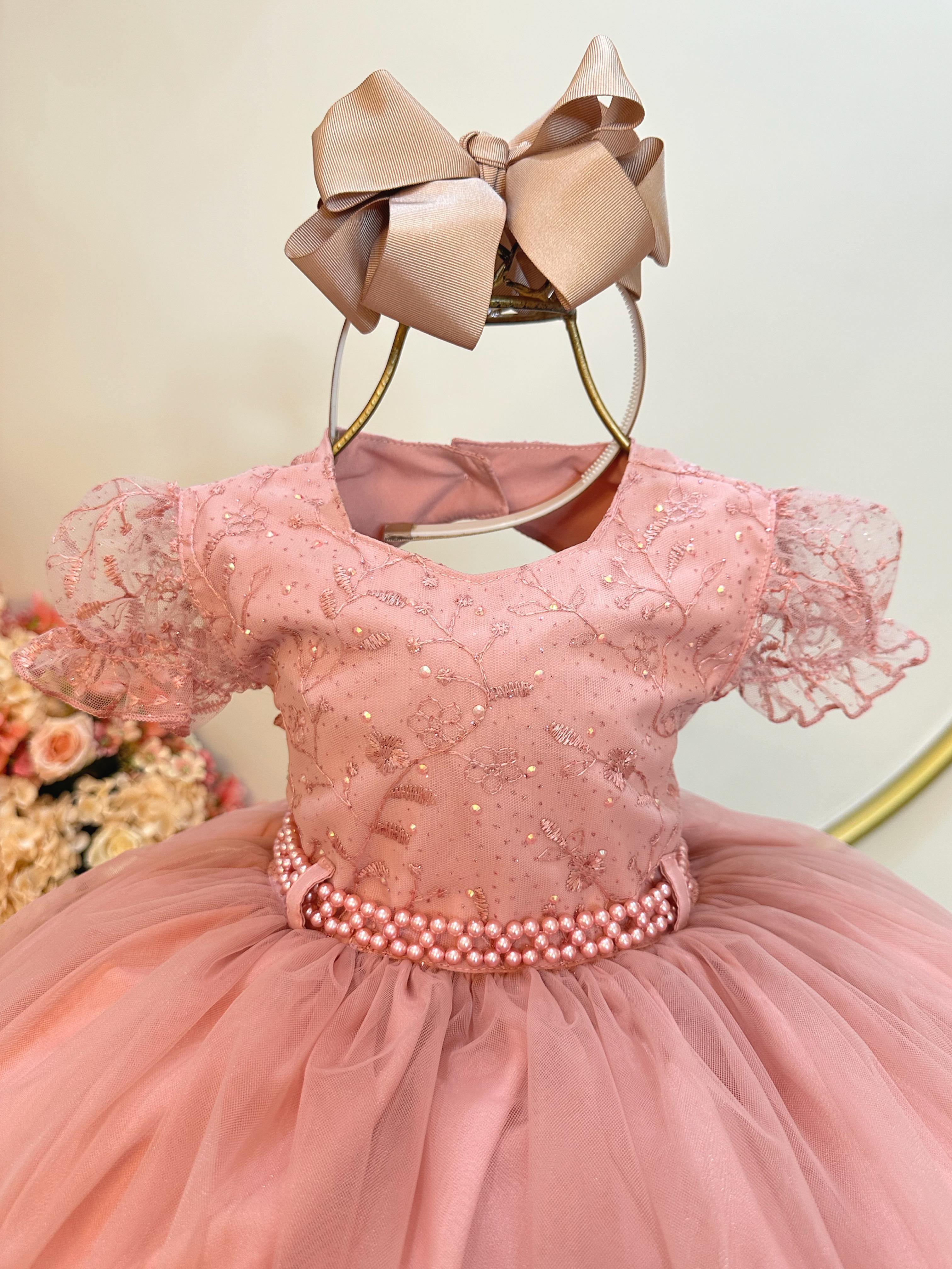 Vestido Infantil Rose Busto Com Renda e Strass Daminhas