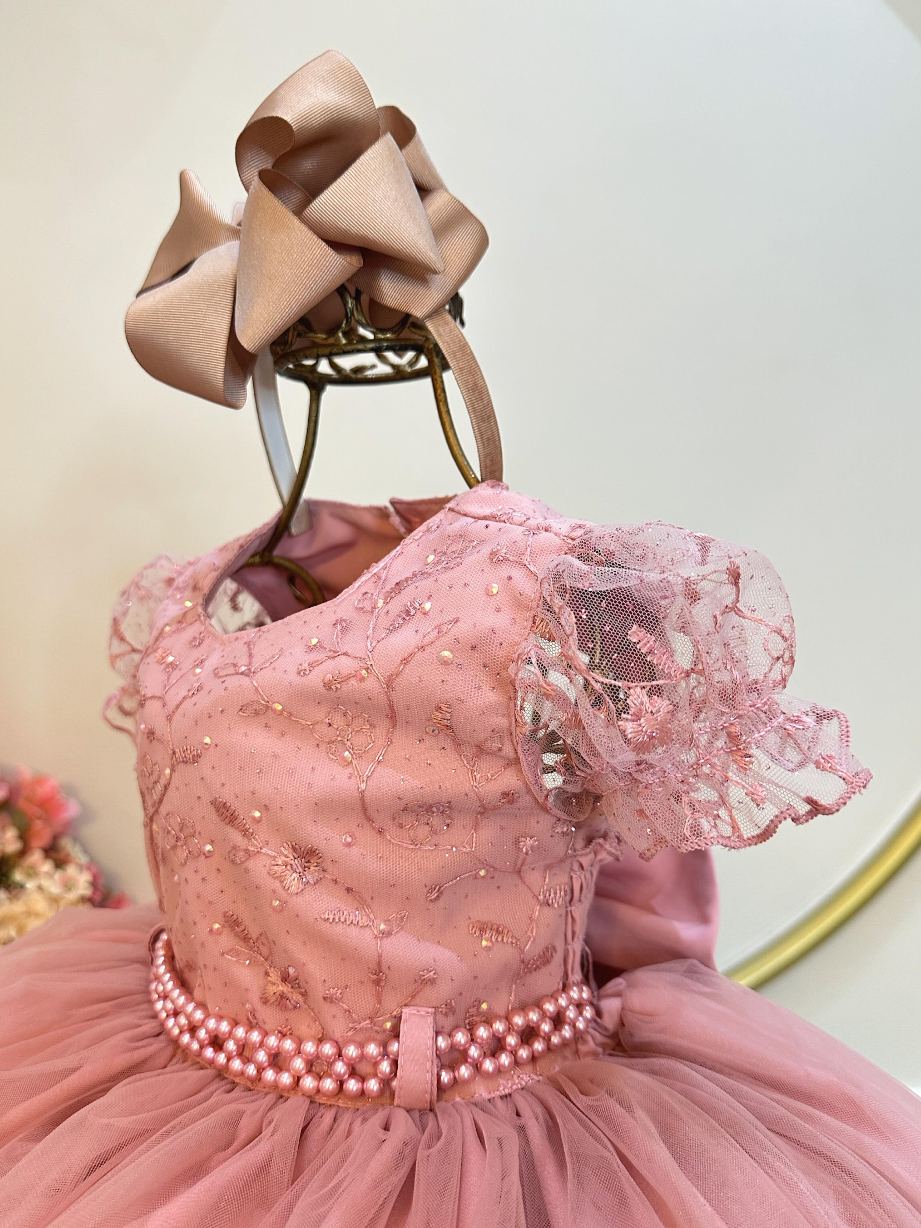 Vestido Infantil Rose Busto Com Renda e Strass Daminhas