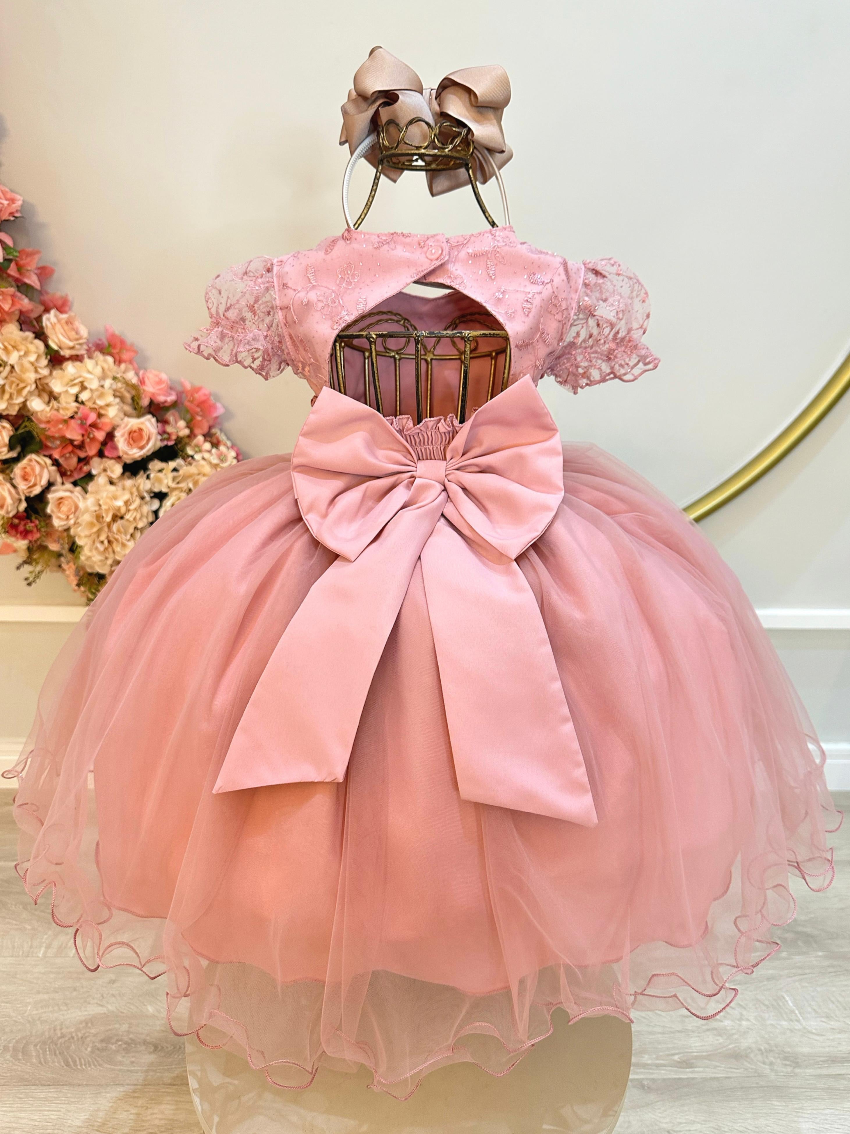Vestido Infantil Rose Busto Com Renda e Strass Daminhas