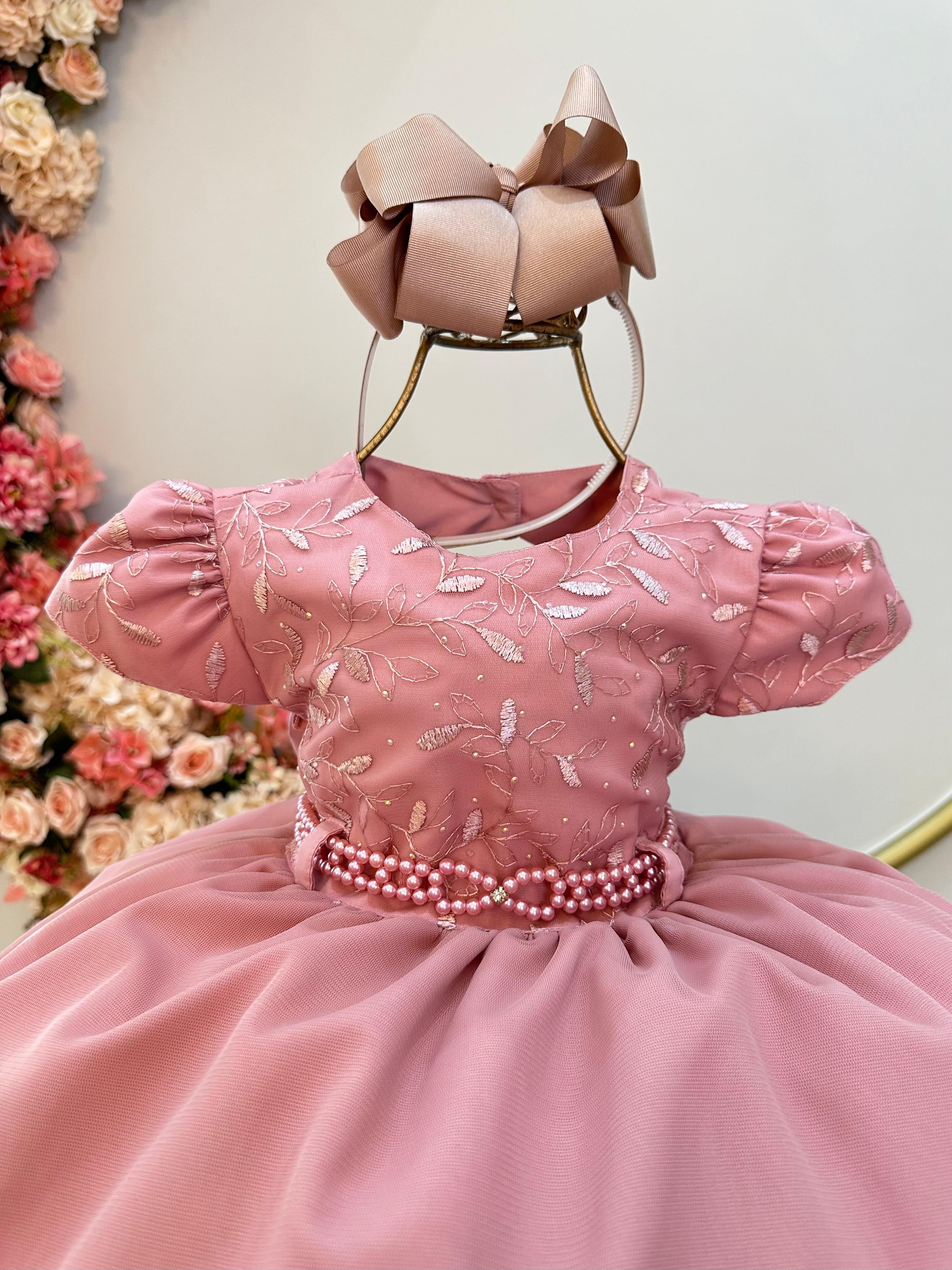Vestido Infantil Rose e Busto C/ Renda Luxo Saia Com Babados